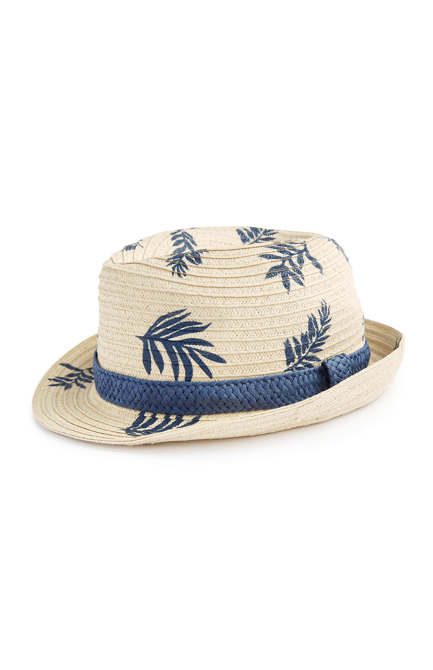 Chapéu trilby palhinha estampado folhas rapariga azul