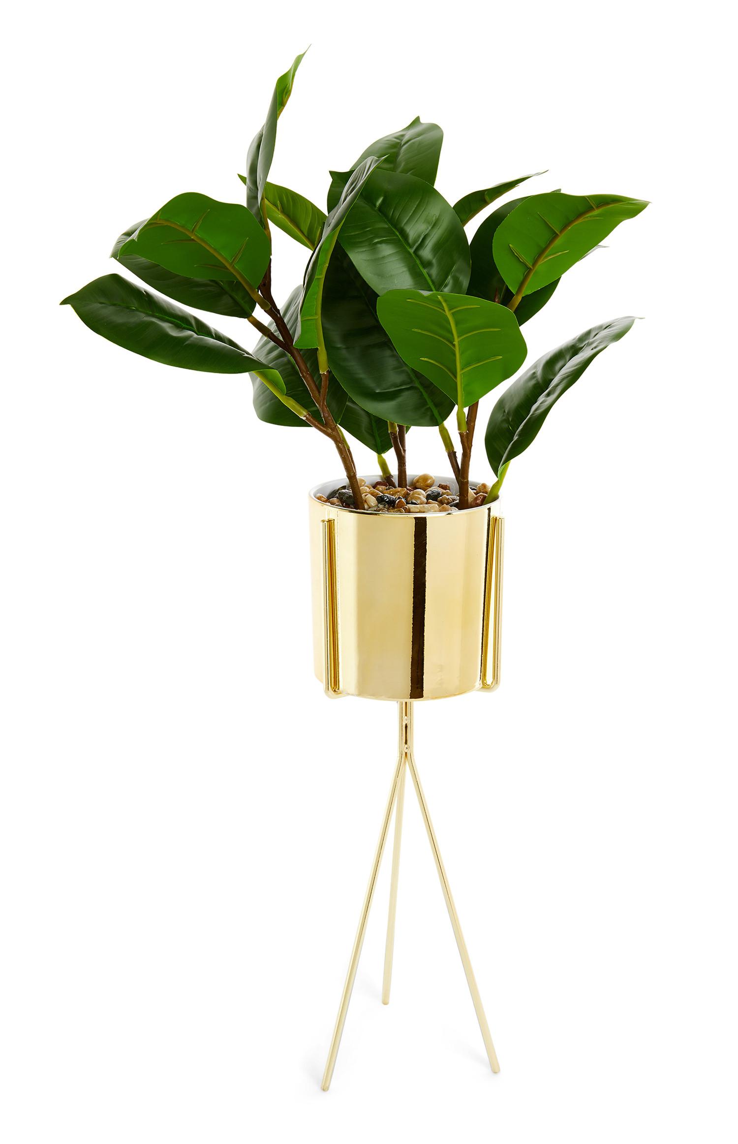 Zelo velika umetna rastlina v zlatem lončku s stojalom