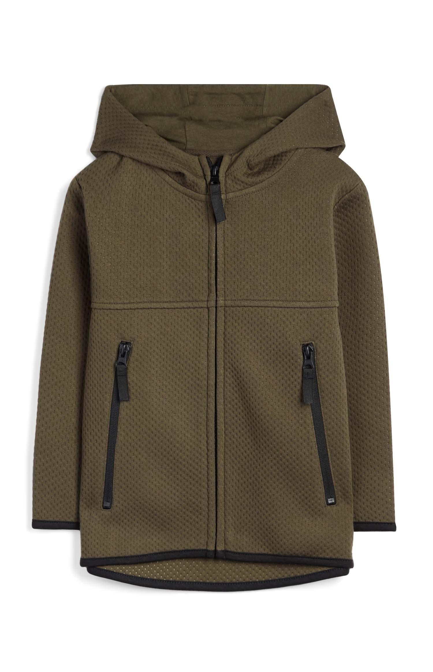 Kaki pulover z mrežastim videzom, kapuco in zadrgo spredaj za mlajše fante