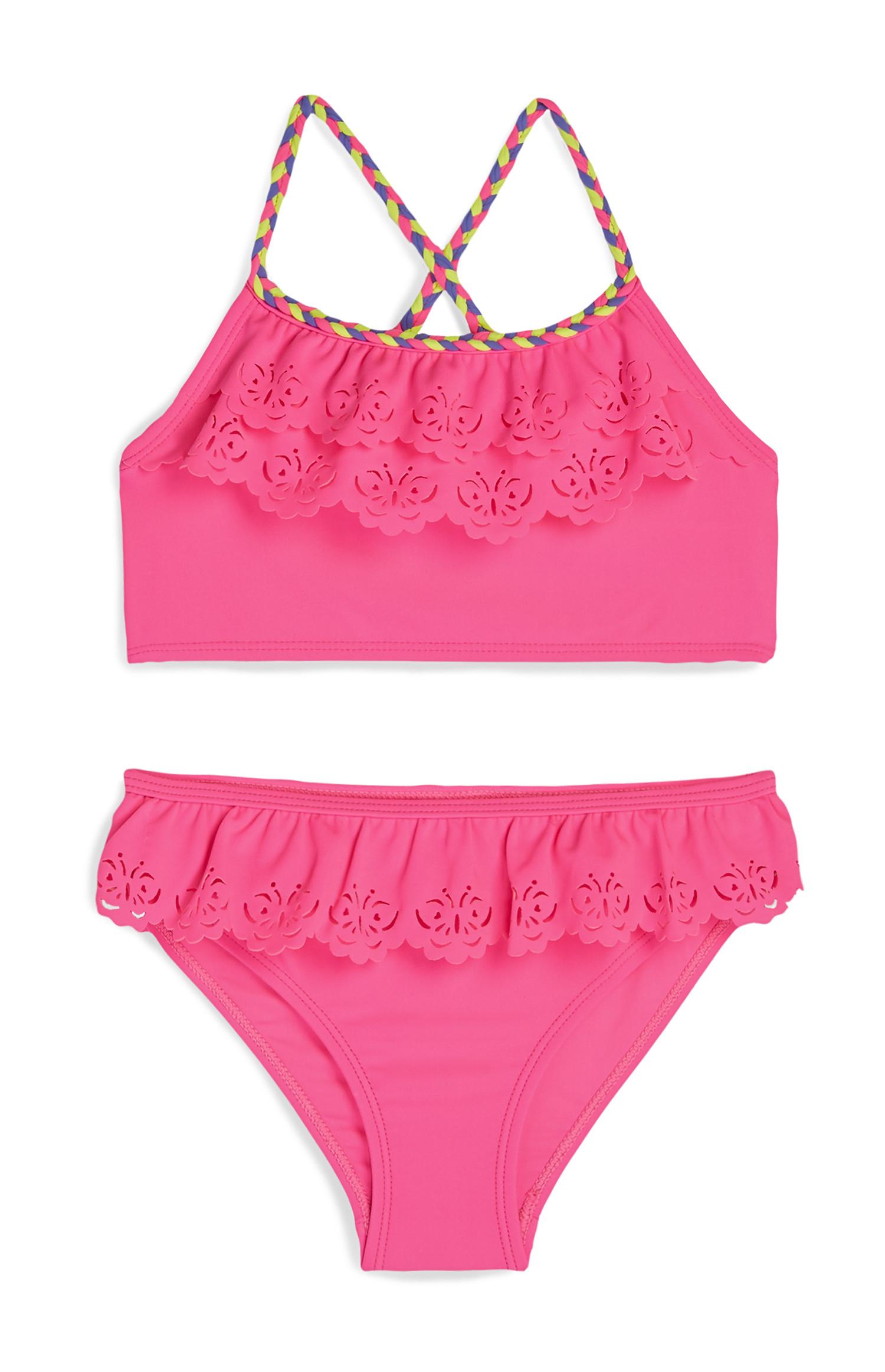 Biquíni folhos estampado borboleta menina cor-de-rosa