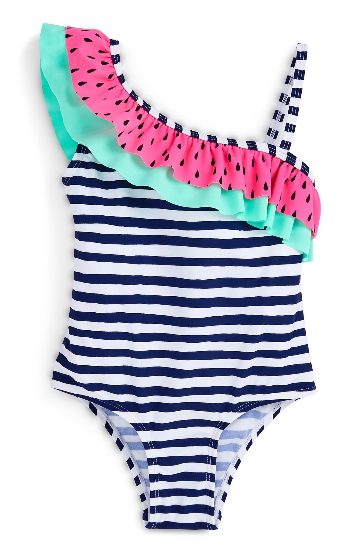 Costume da bagno blu navy a righe tema anguria da bambina