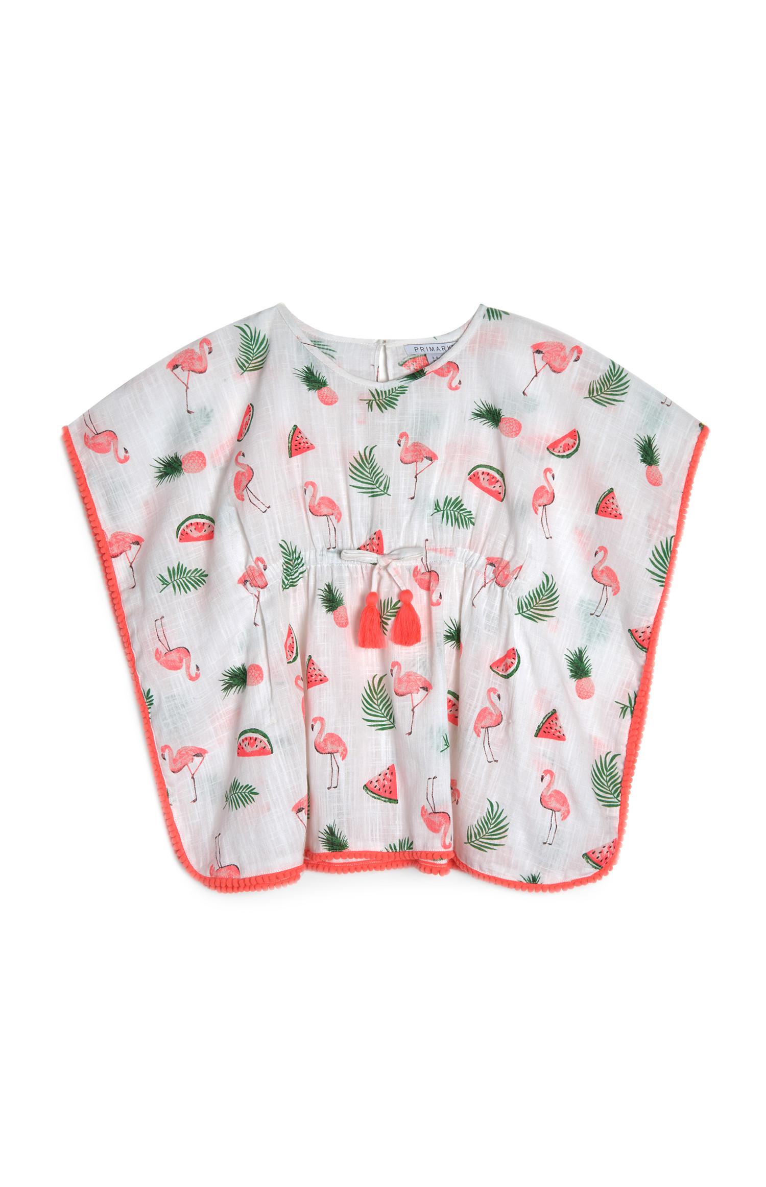 Caftano bianco con fenicotteri da bambina