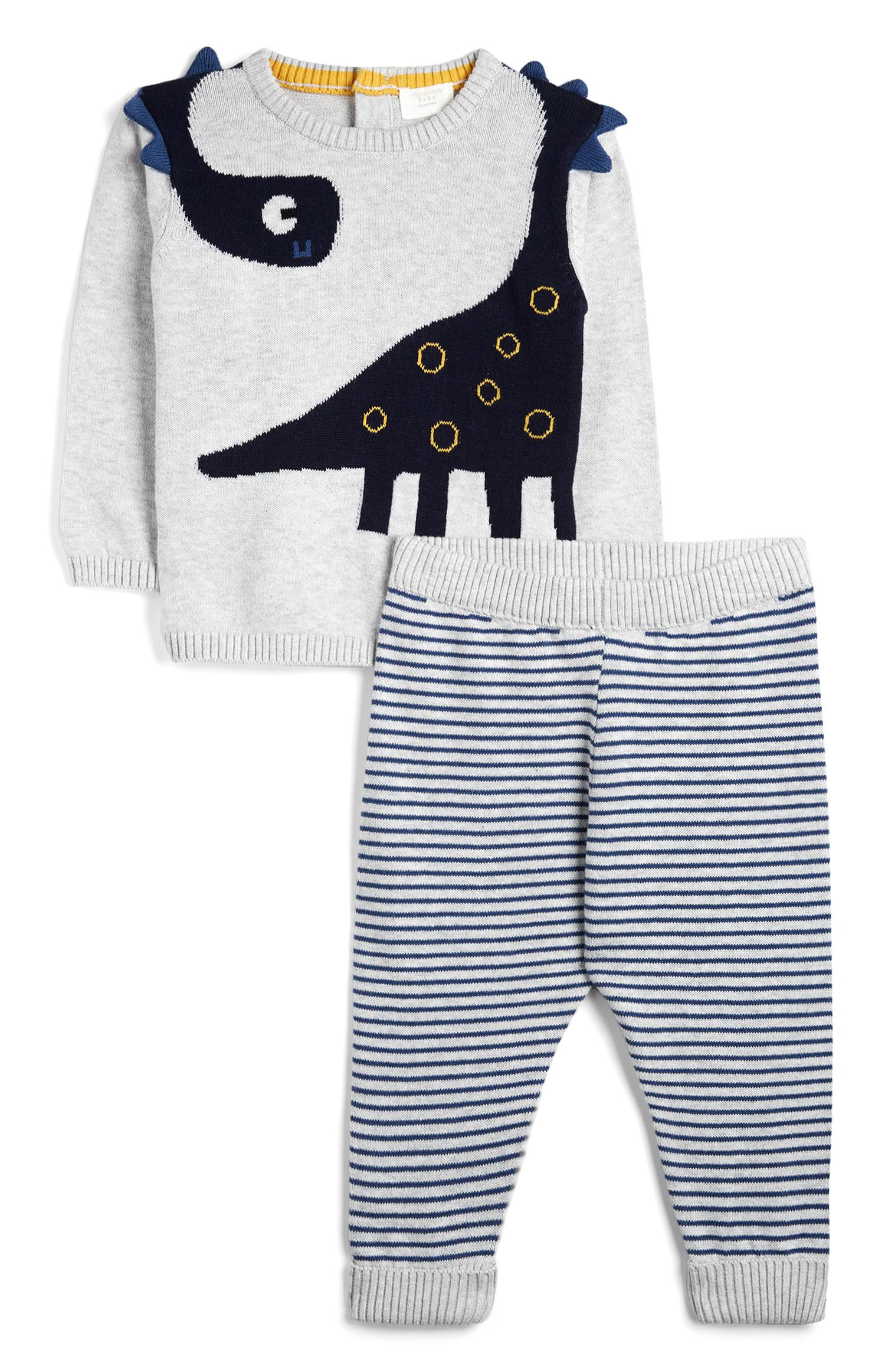 Siv pulover z dinozavrom in črtaste hlače za prosti čas za deklice