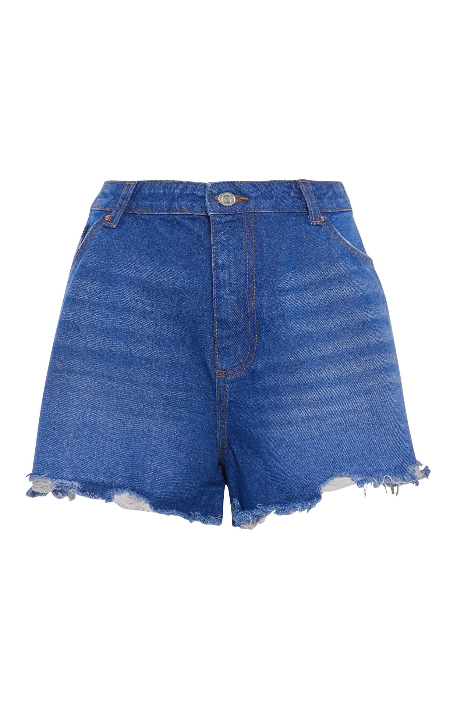 Calções ganga bainha desfiada azul