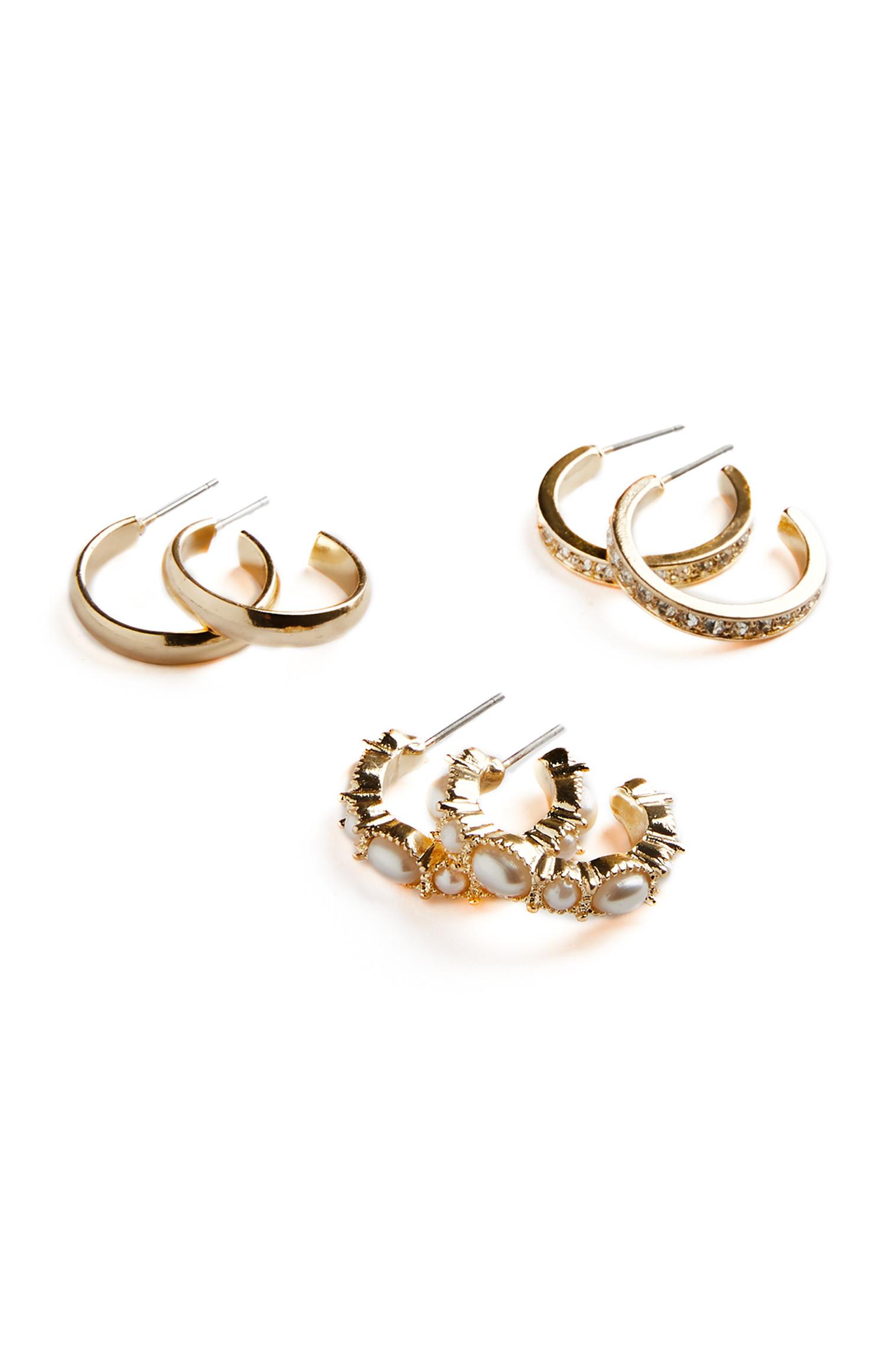 Lot de 3 paires de créoles jaune doré à strass