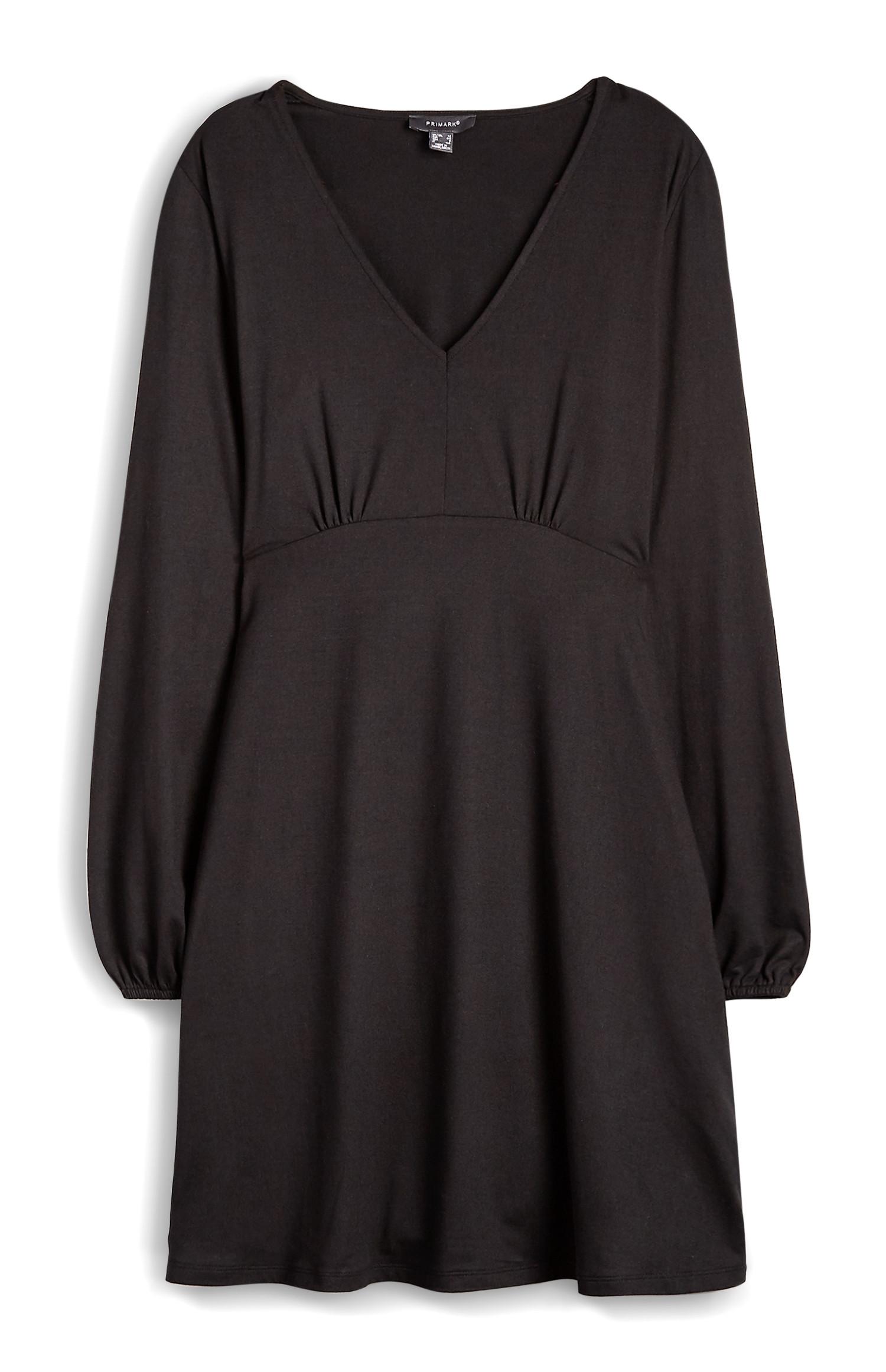 Vestido manga comprida suave decote V liso