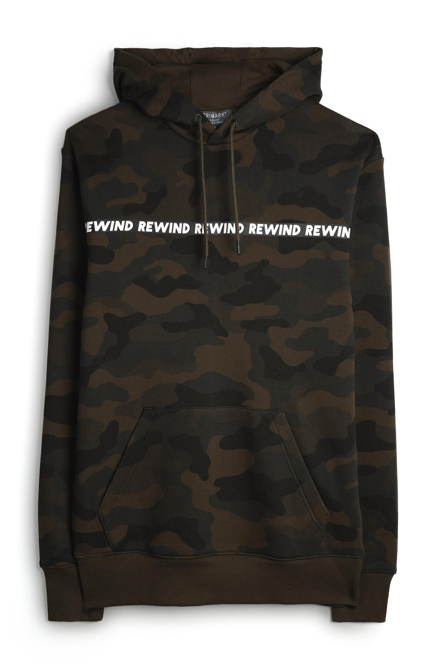 Camisola capuz slogan Rewind padrão camuflado