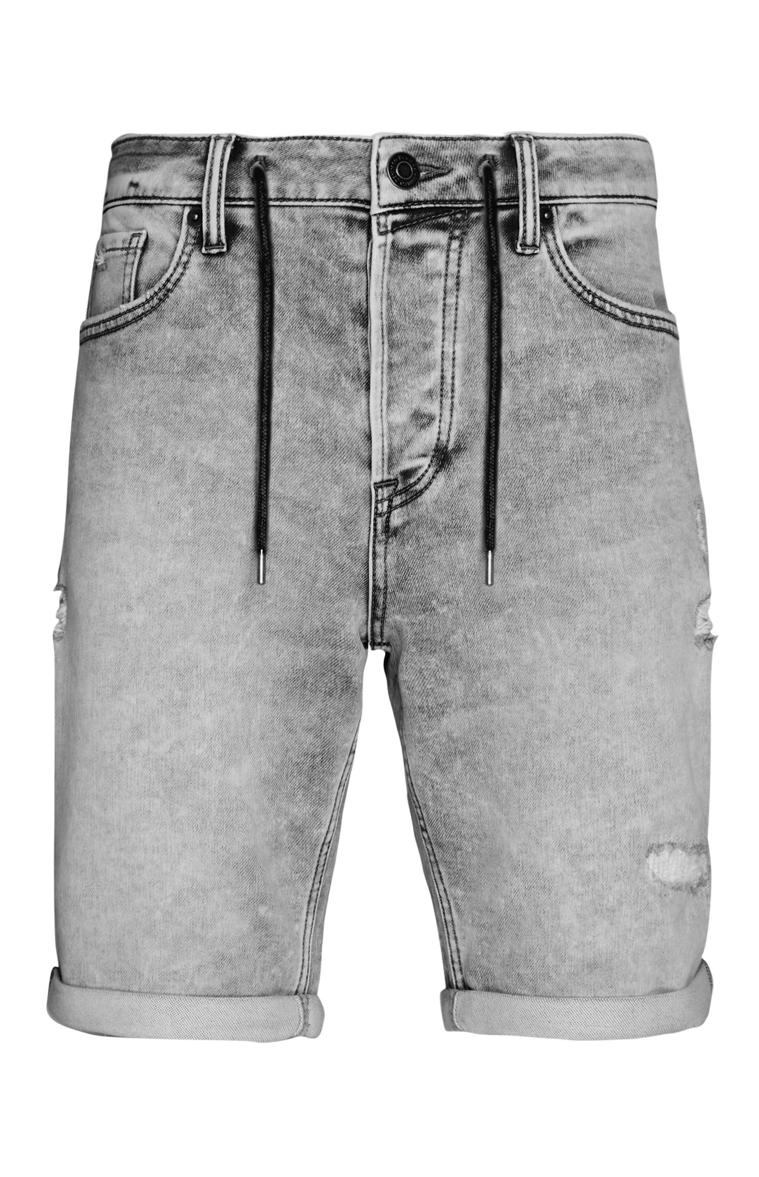 Shorts grigi con coulisse in maglia, strappi e rammendi