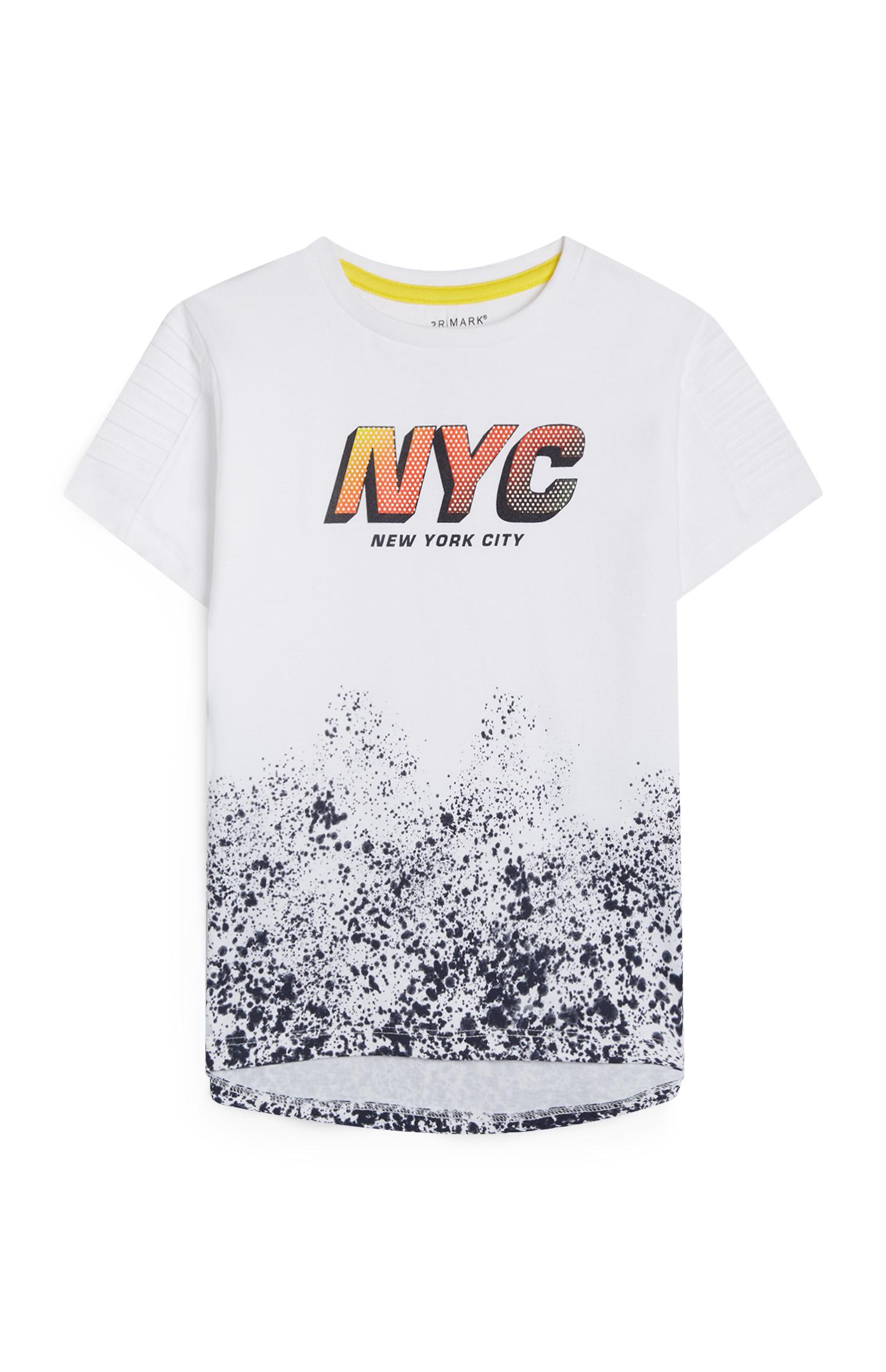 T-shirt bianca effetto schizzi di inchiostro con stampa NYC da bambino