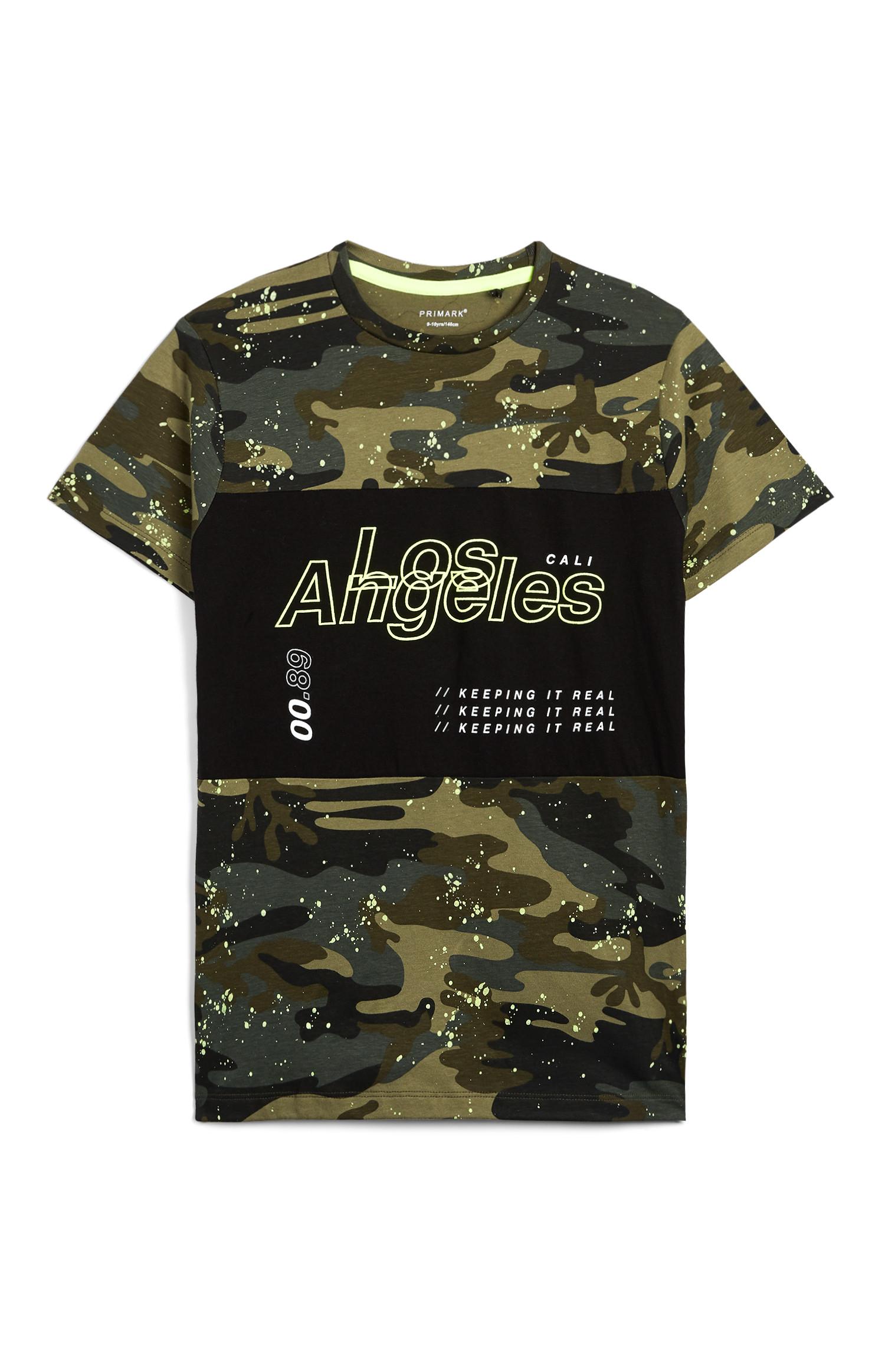 T-shirt stampa mimetica schizzi di vernice Los Angeles da ragazzo