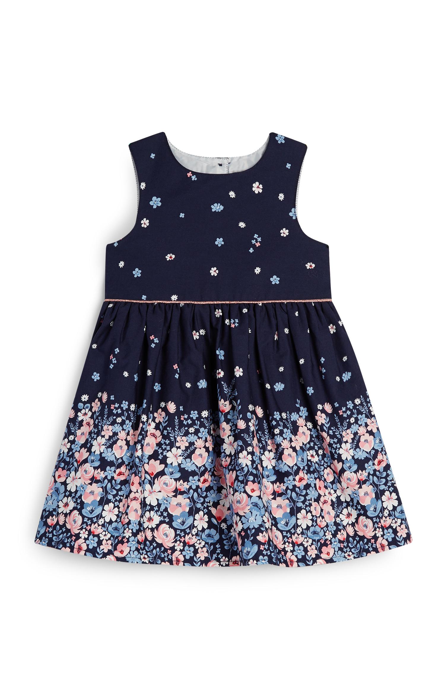 Dekliška temno modra obleka s cvetličnim vzorcem za dojenčke