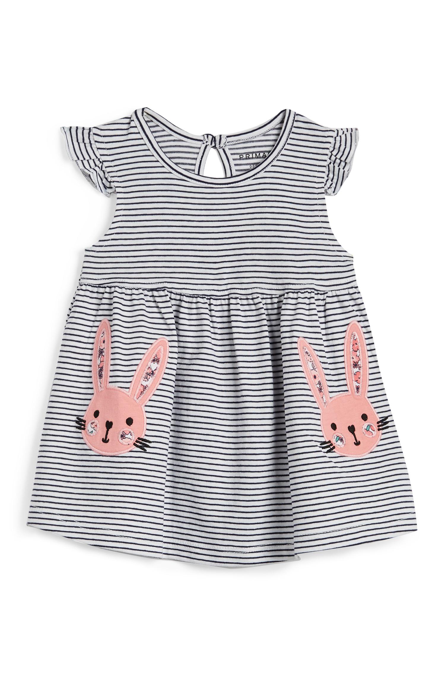 Dekliška modro-bela črtasta obleka z zajčki za dojenčke