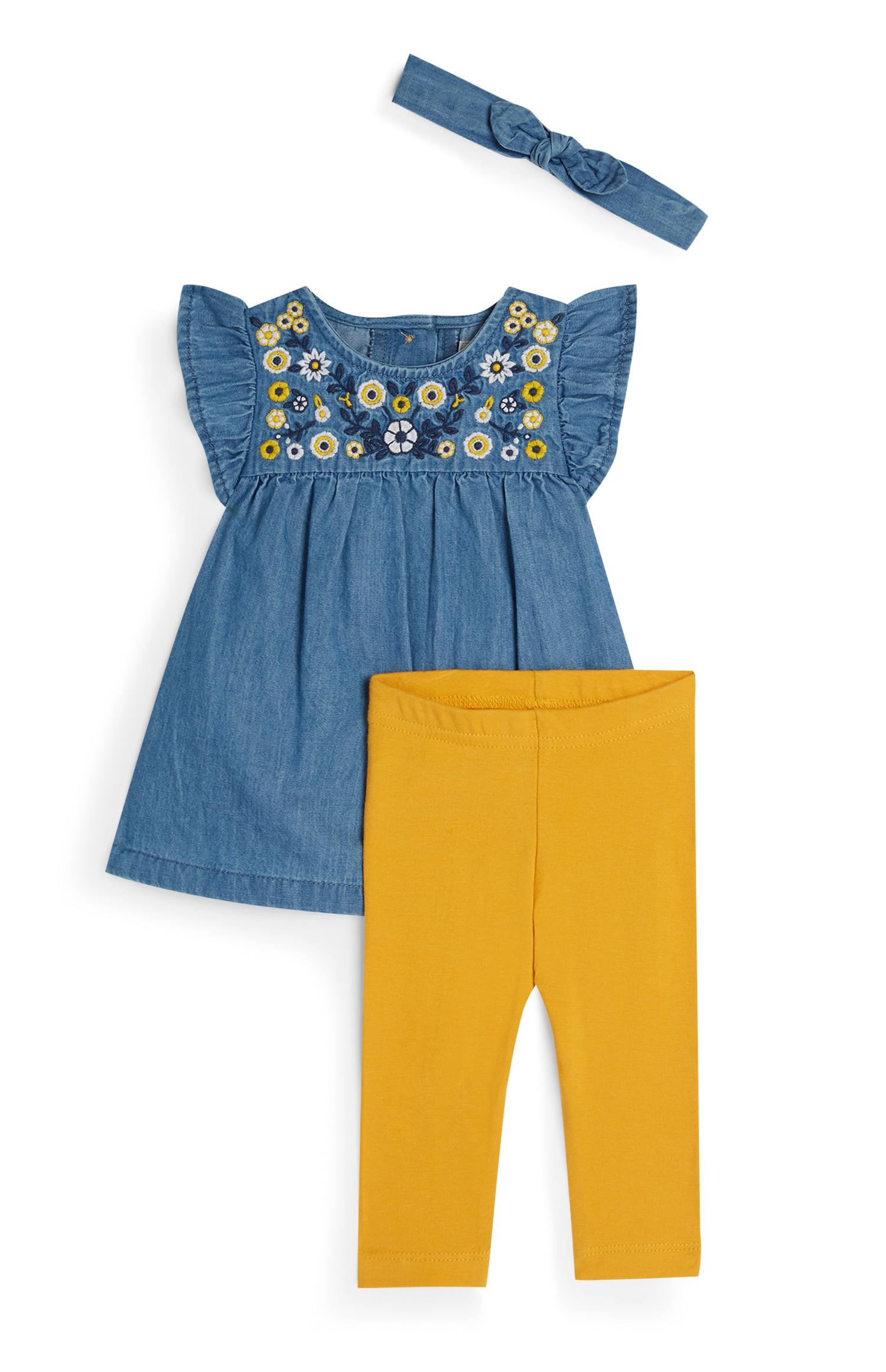 Conjunto 3 peças túnica, bandolete ganga e leggings menina bebé amarelo