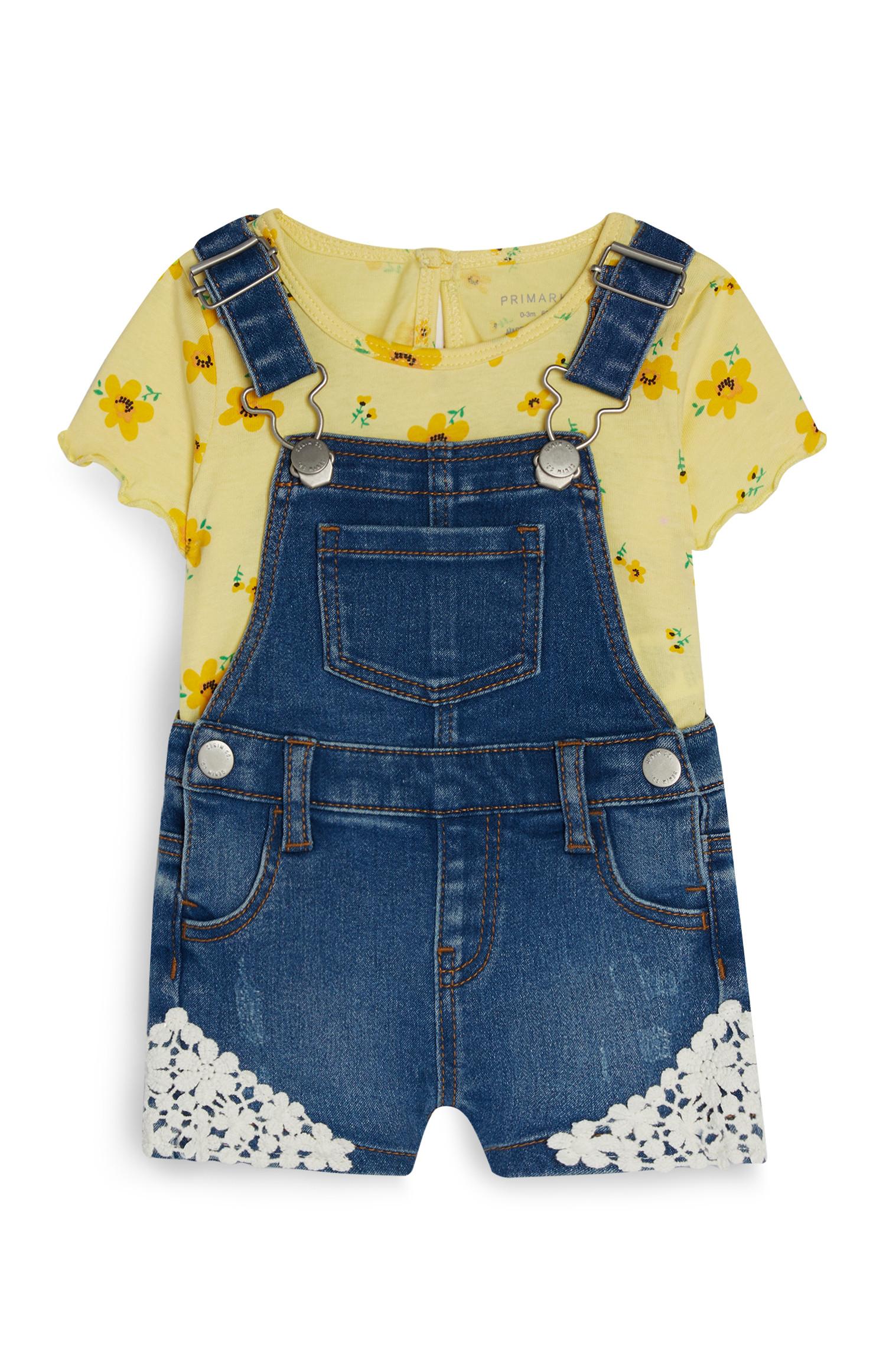 Dekliški komplet hlač z naramnicami in majico za dojenčke