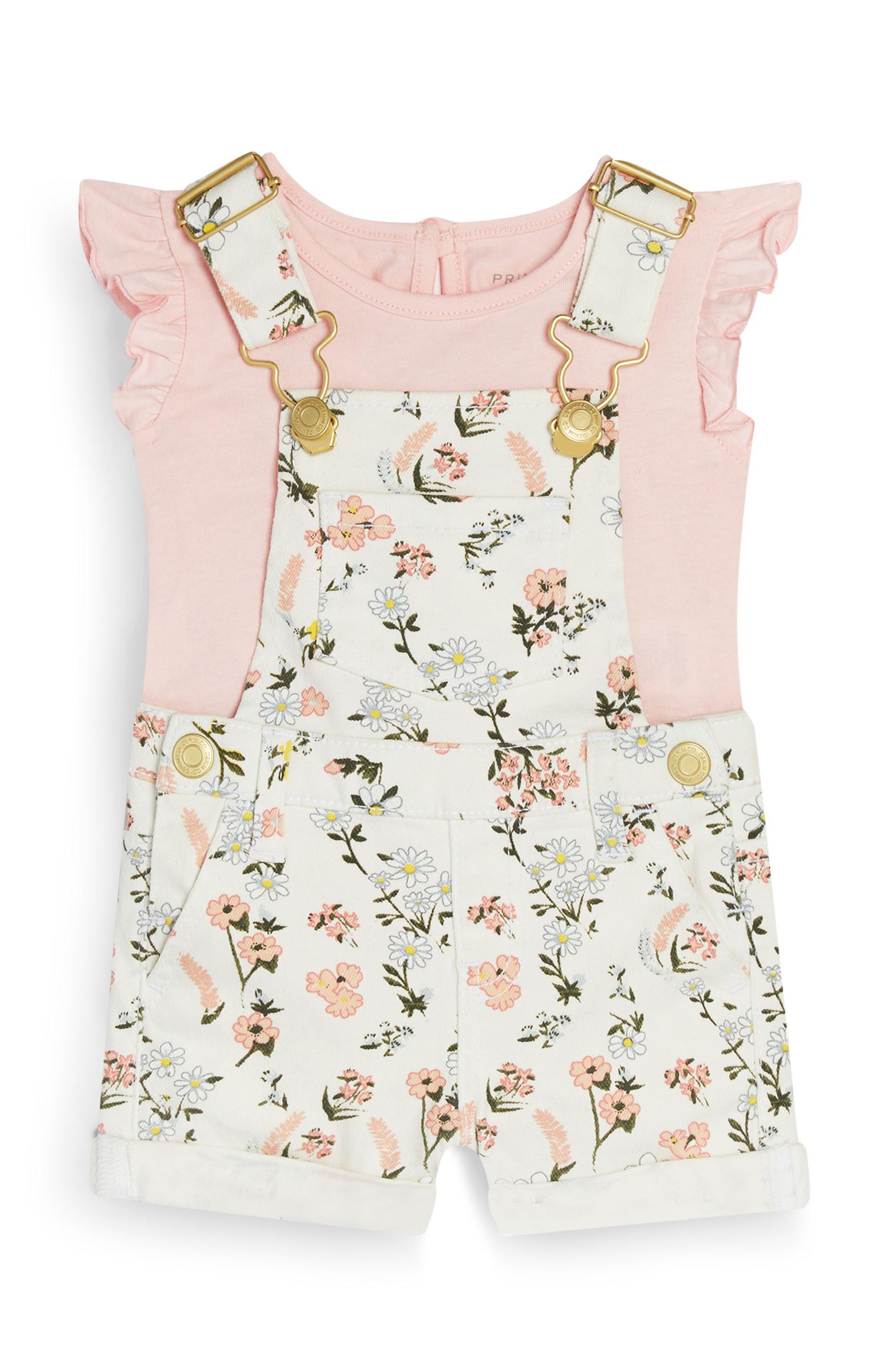 Dekliški komplet hlač z naramnicami s cvetličnim vzorcem za dojenčke