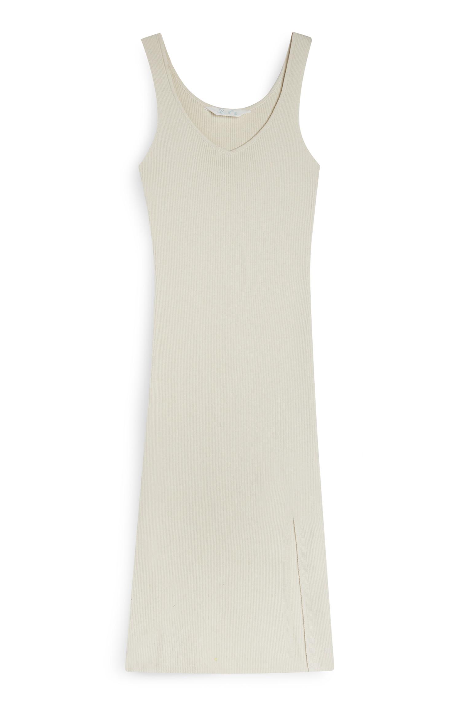 Vestido canelado malha decote V creme