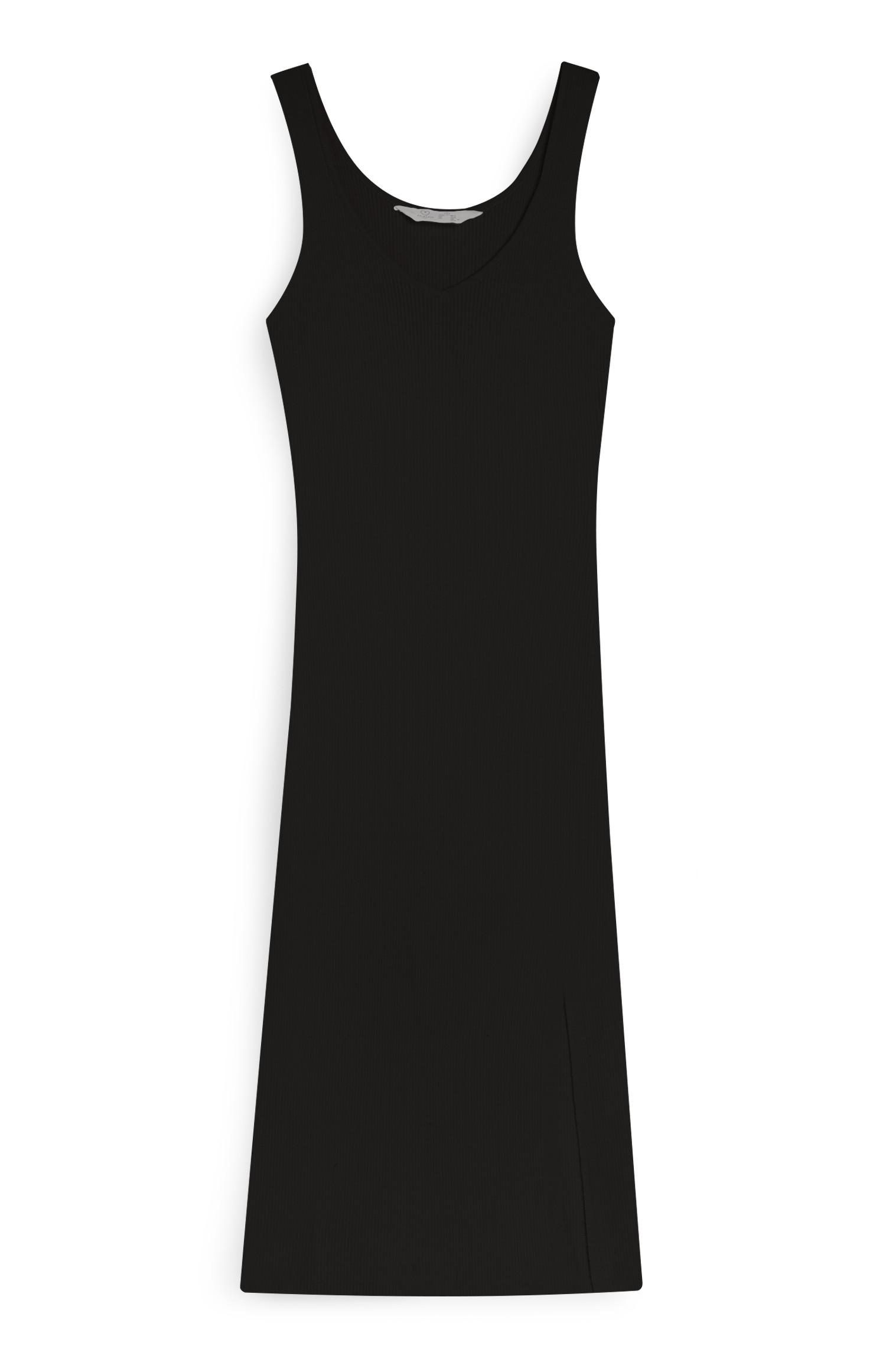 Vestido canelado malha decote V preto