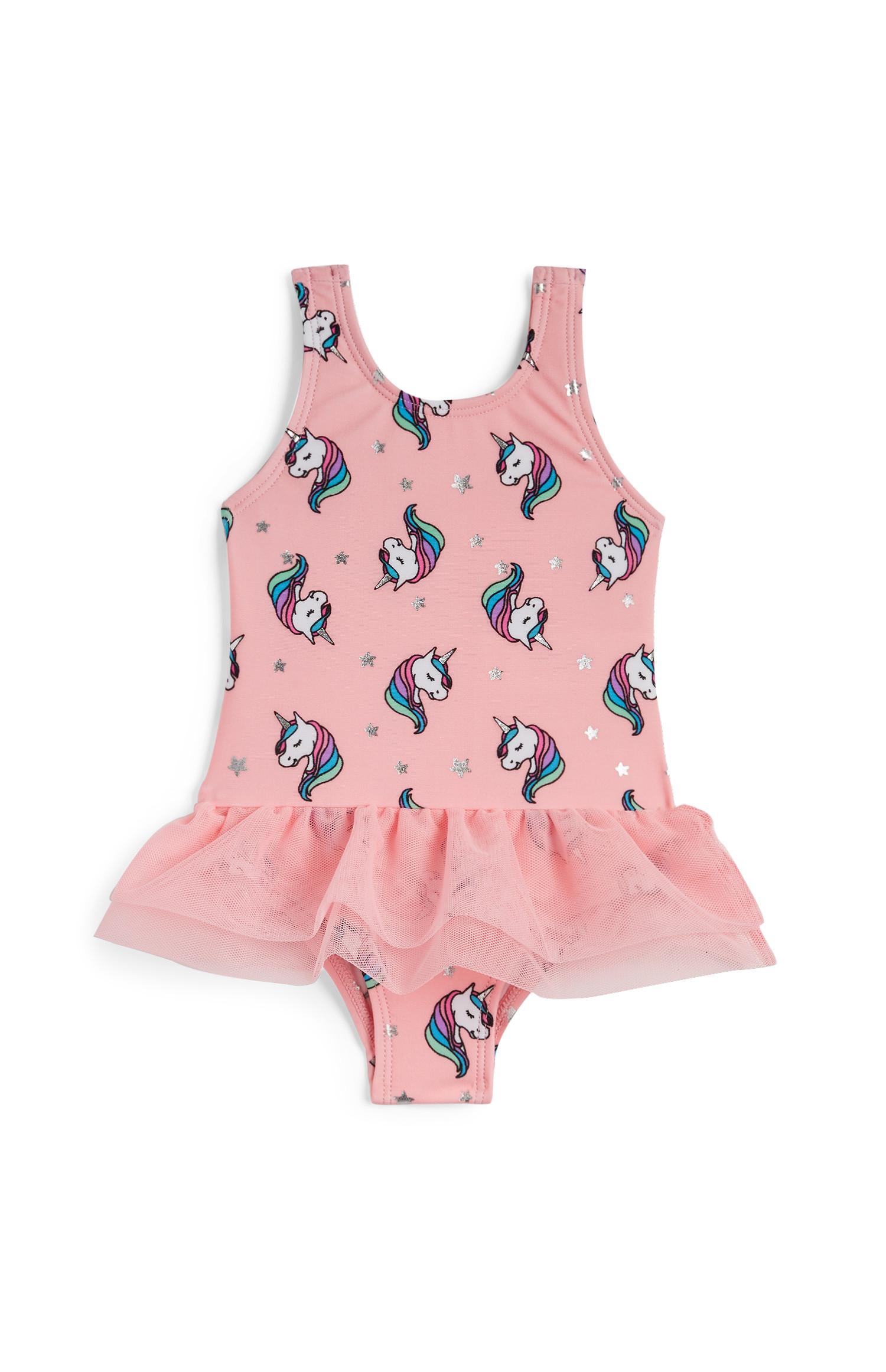 Dekliške enodelne rožnate kopalke z volančki in samorogi za dojenčke