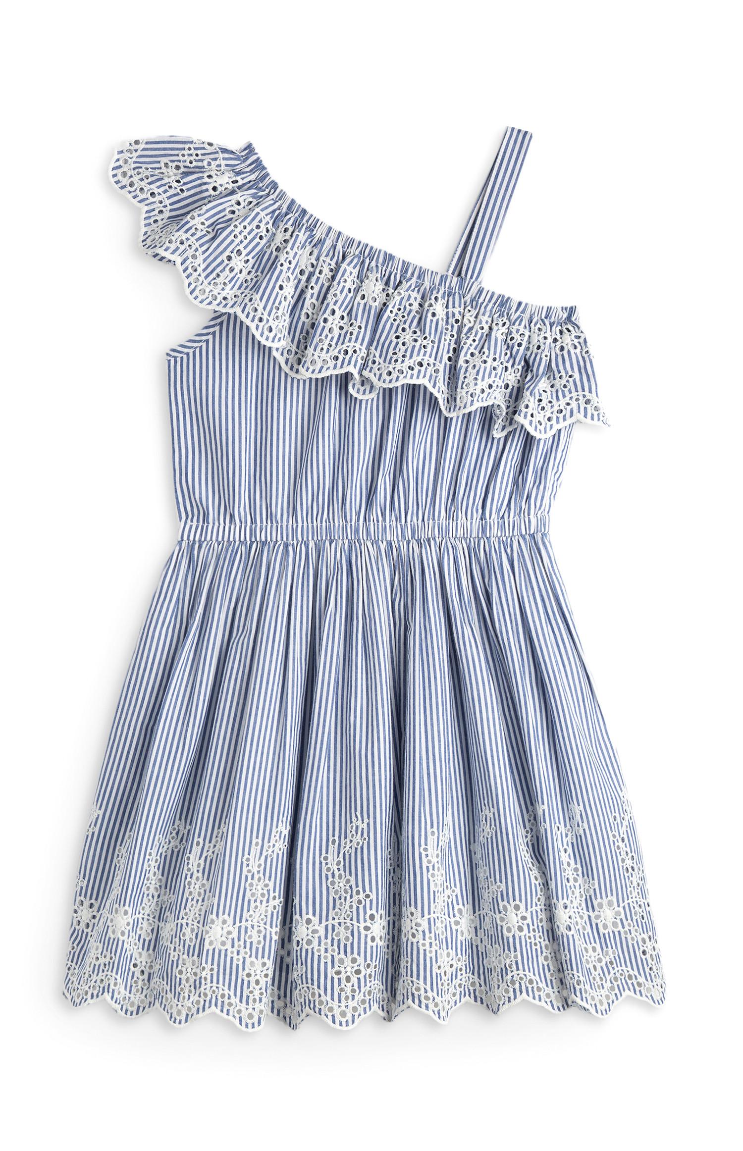Črtasta modra obleka z vezenimi detajli in eno naramnico za deklice