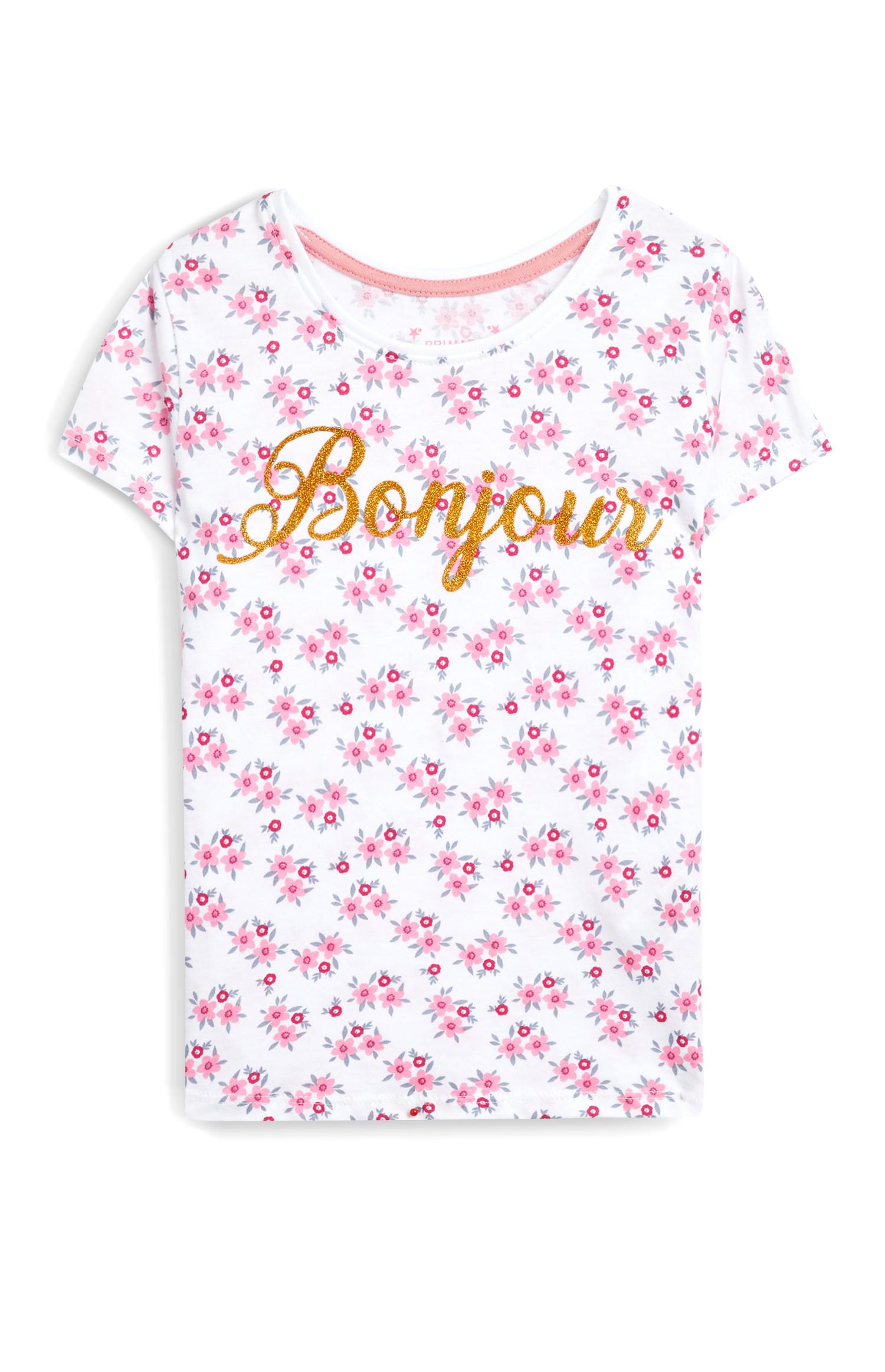 T-shirt slogan Bonjour padrão floral menina cor-de-rosa
