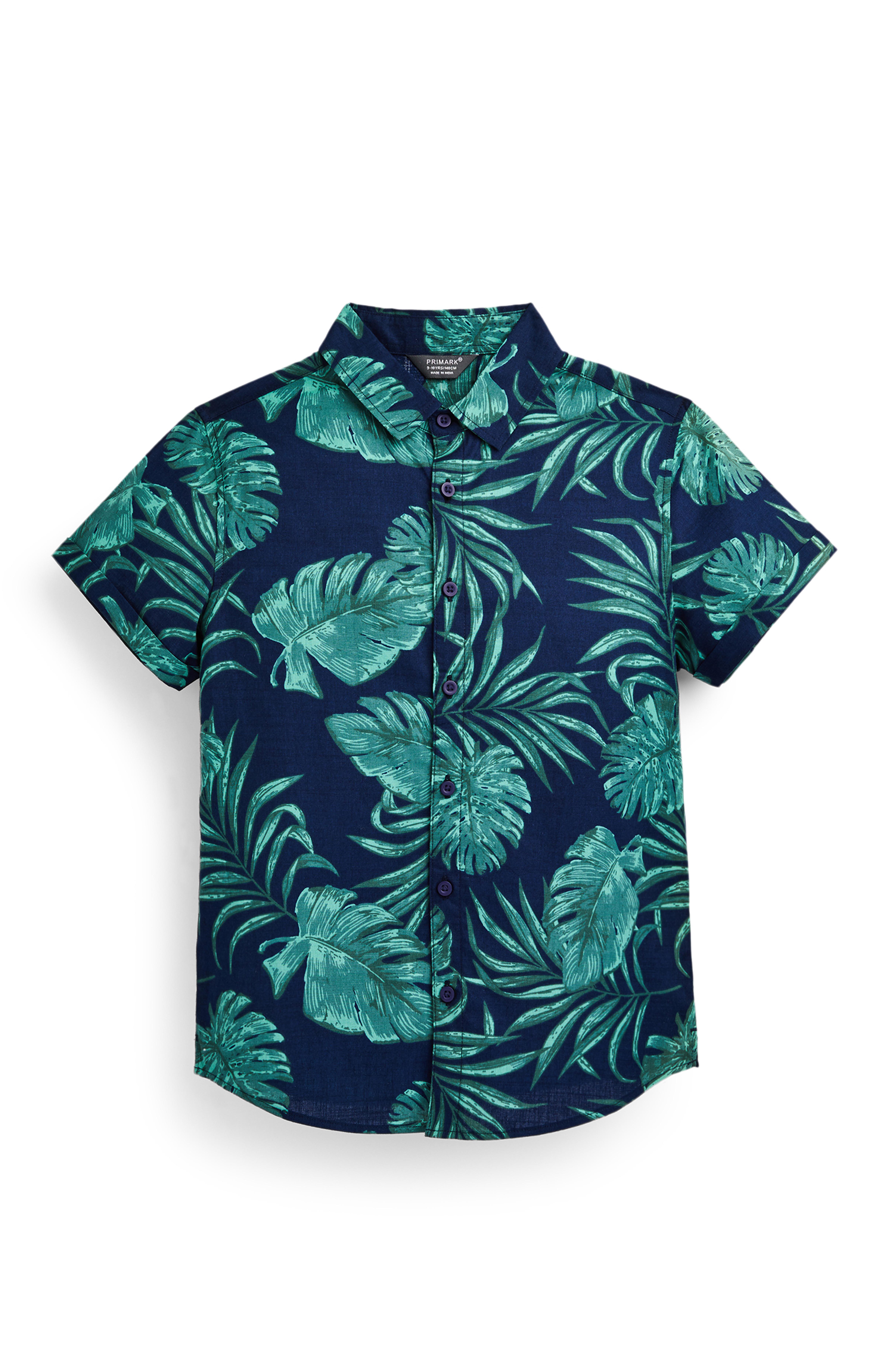 Camisa Oxford estampado folhas rapaz azul-marinho