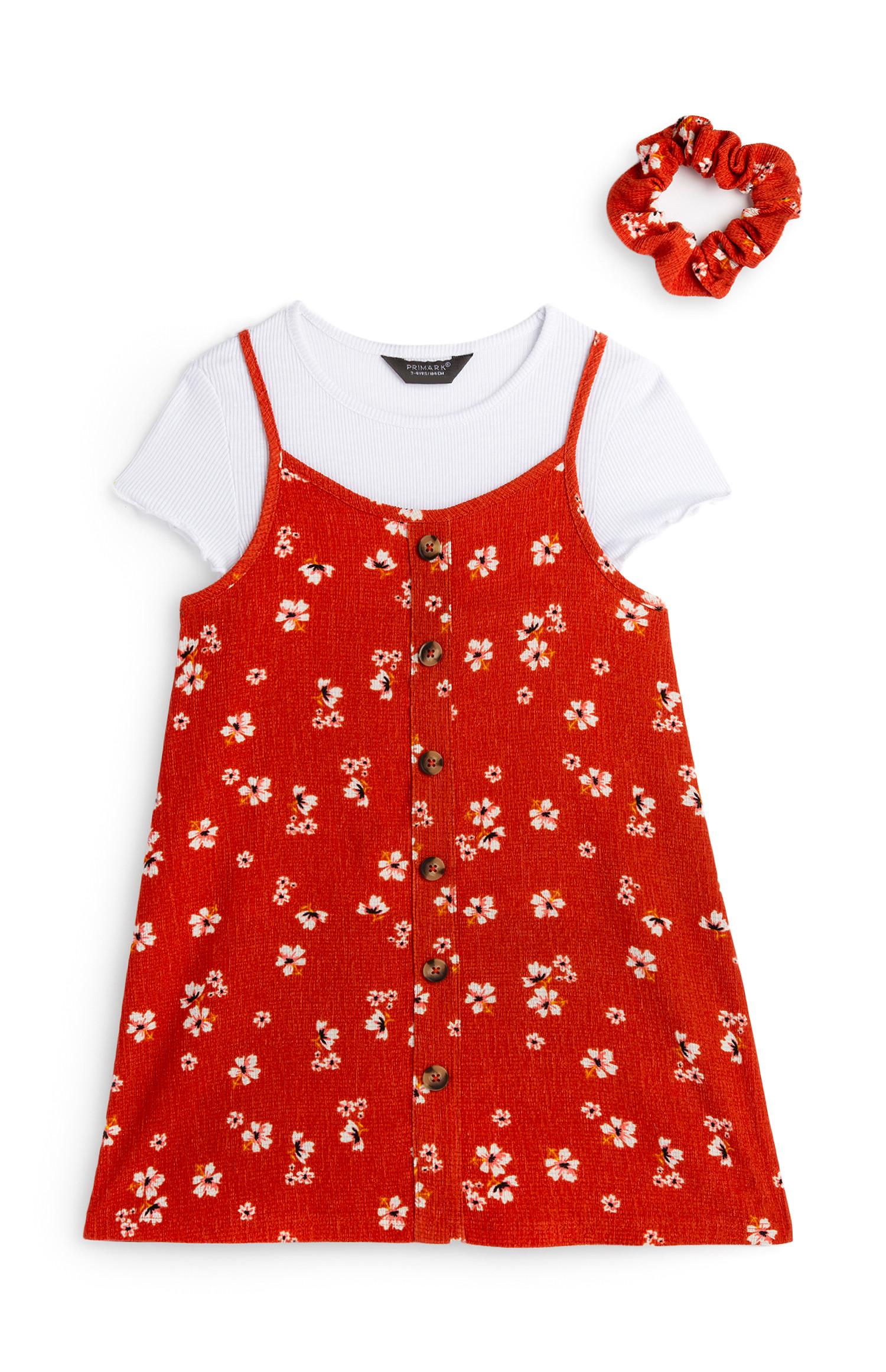 Vestido 2 em 1 menina vermelho com elástico cabelo