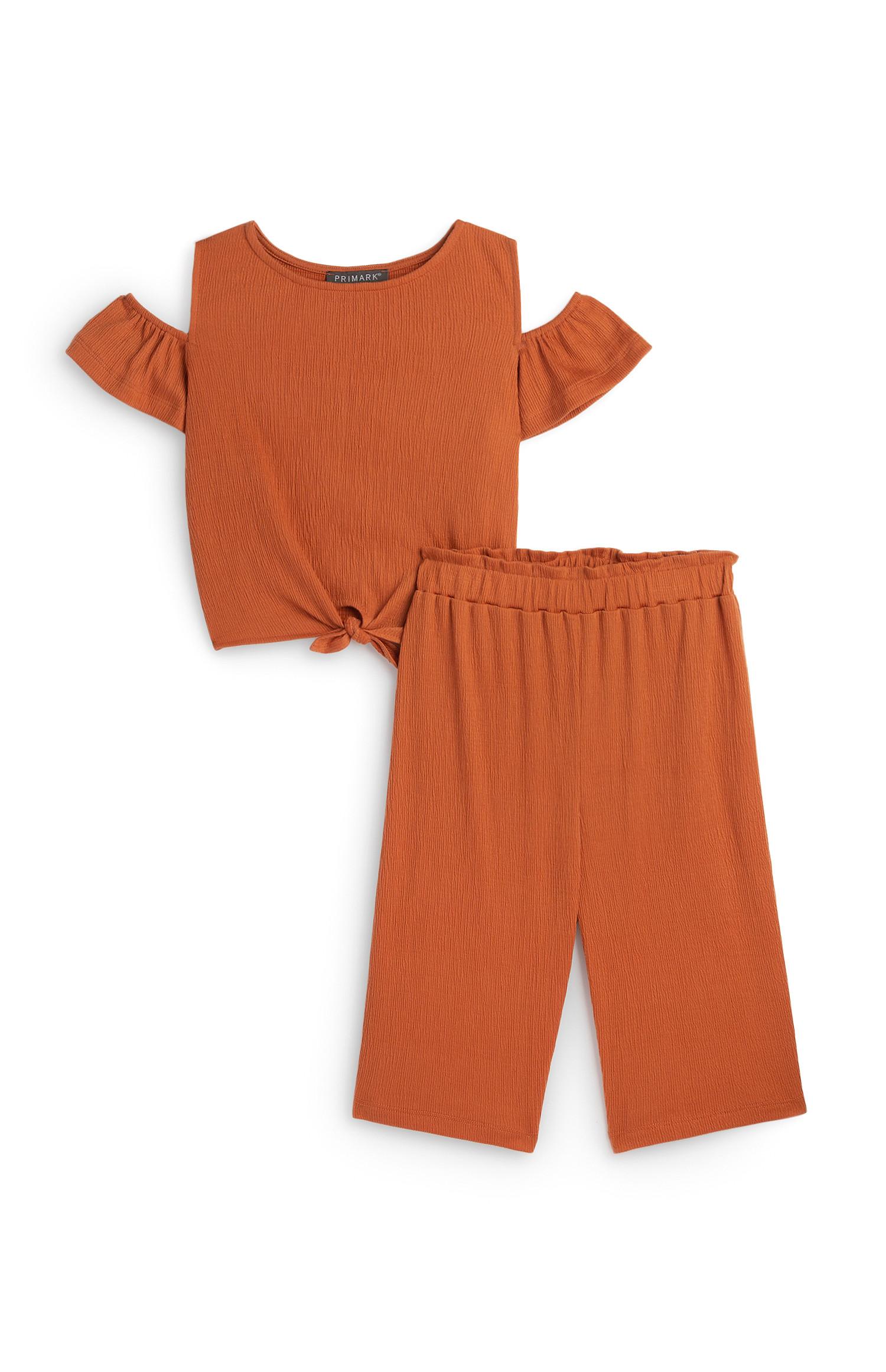 Conjunto calças e top nó frente menina terracota