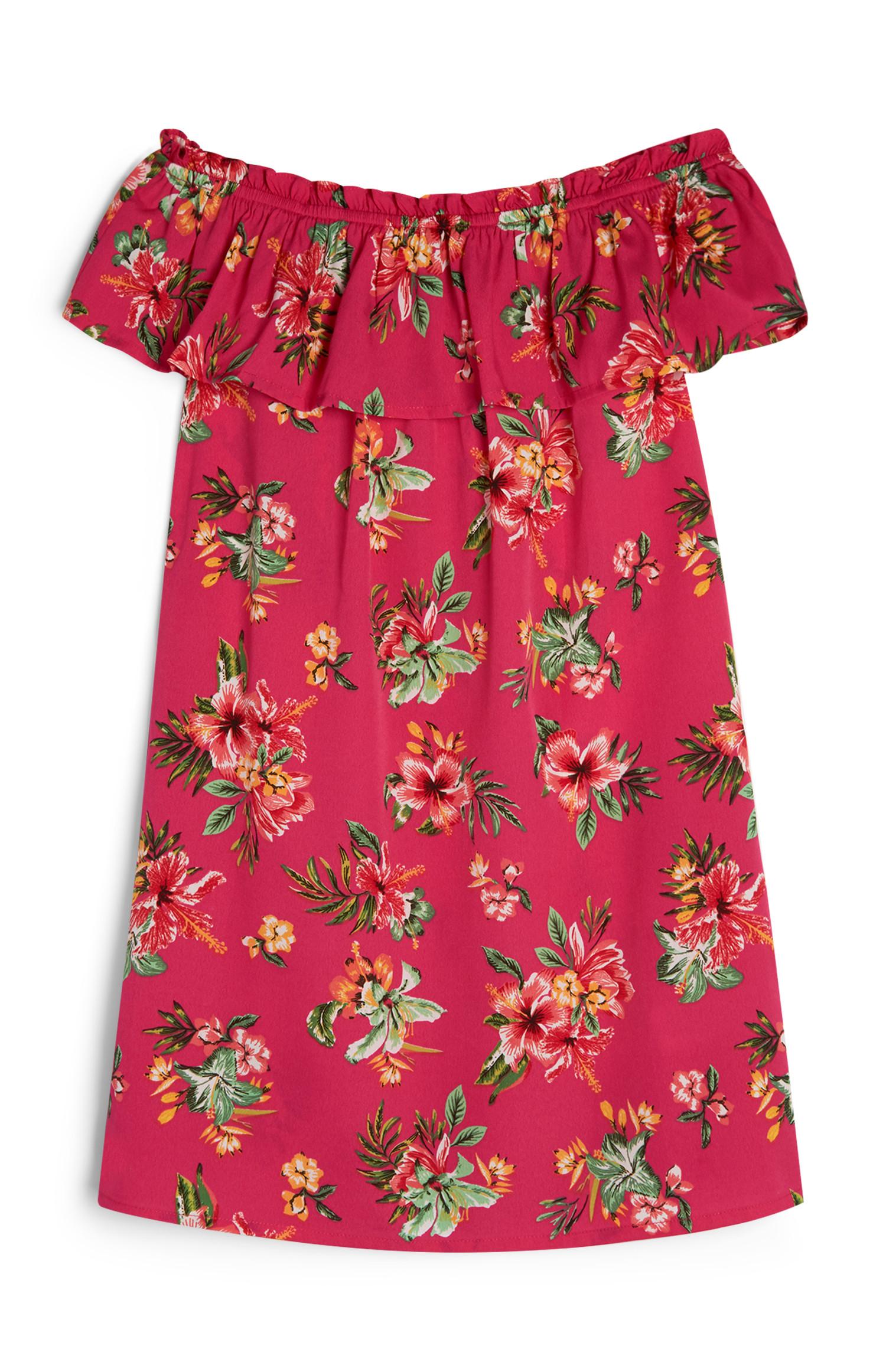 Vestido ombros descaídos estampado floral rapariga rosa-choque