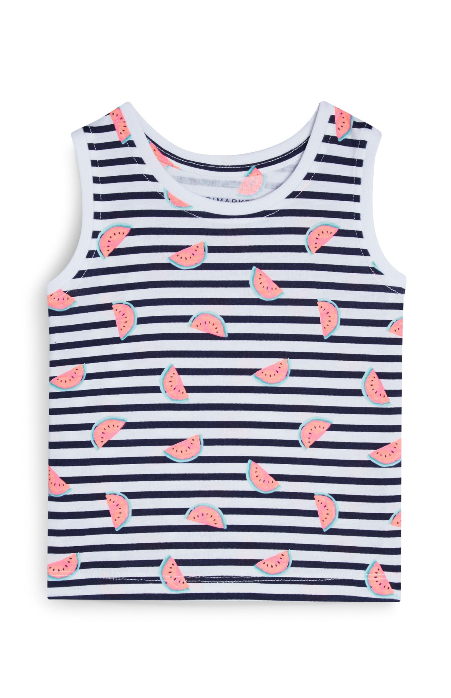 Top s/ mangas riscas melancia menina bebé azul-marinho