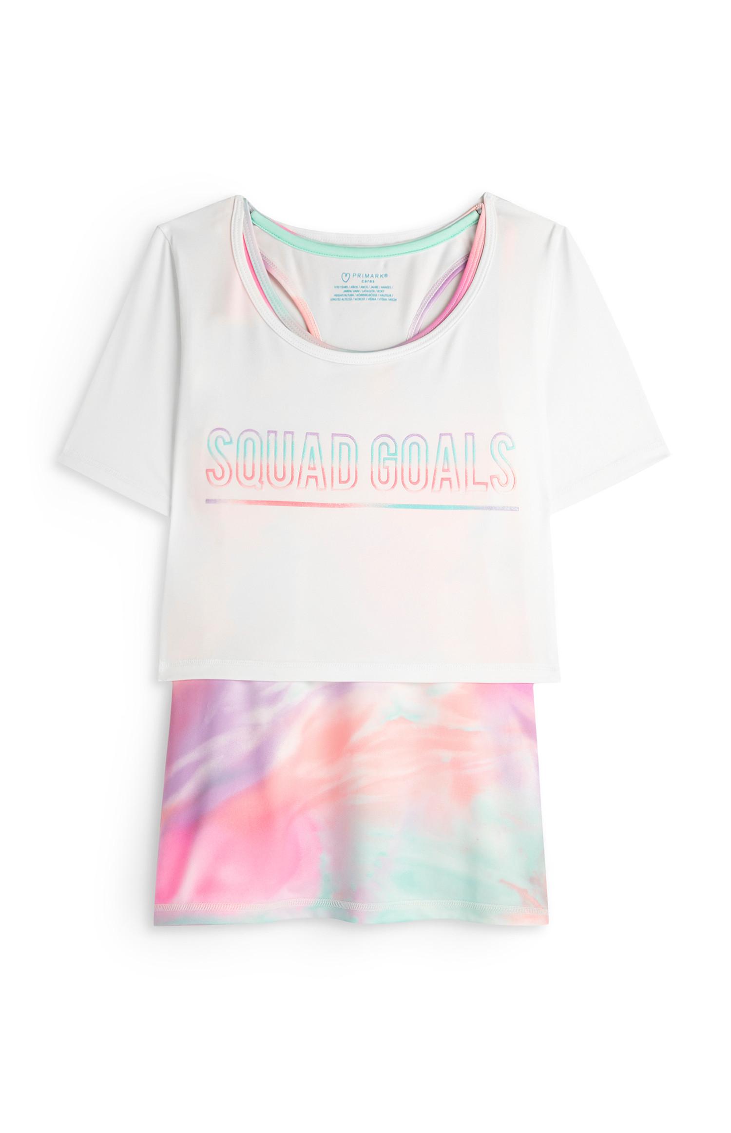 T-shirt sportiva a strati da ragazza con scritta Squad Goals