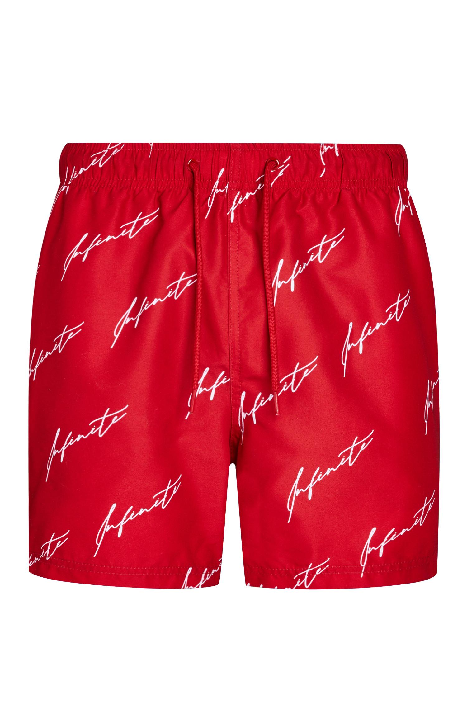 Calções banho padrão caligrafia vermelho