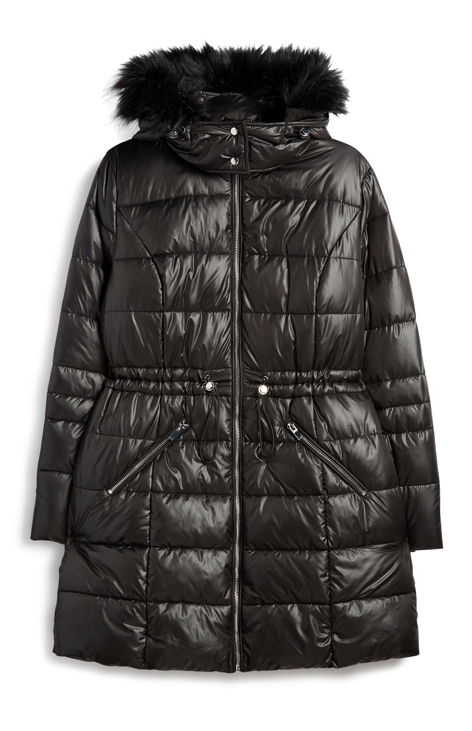 Casaco acolchoado imitação pelo comprido reciclado preto