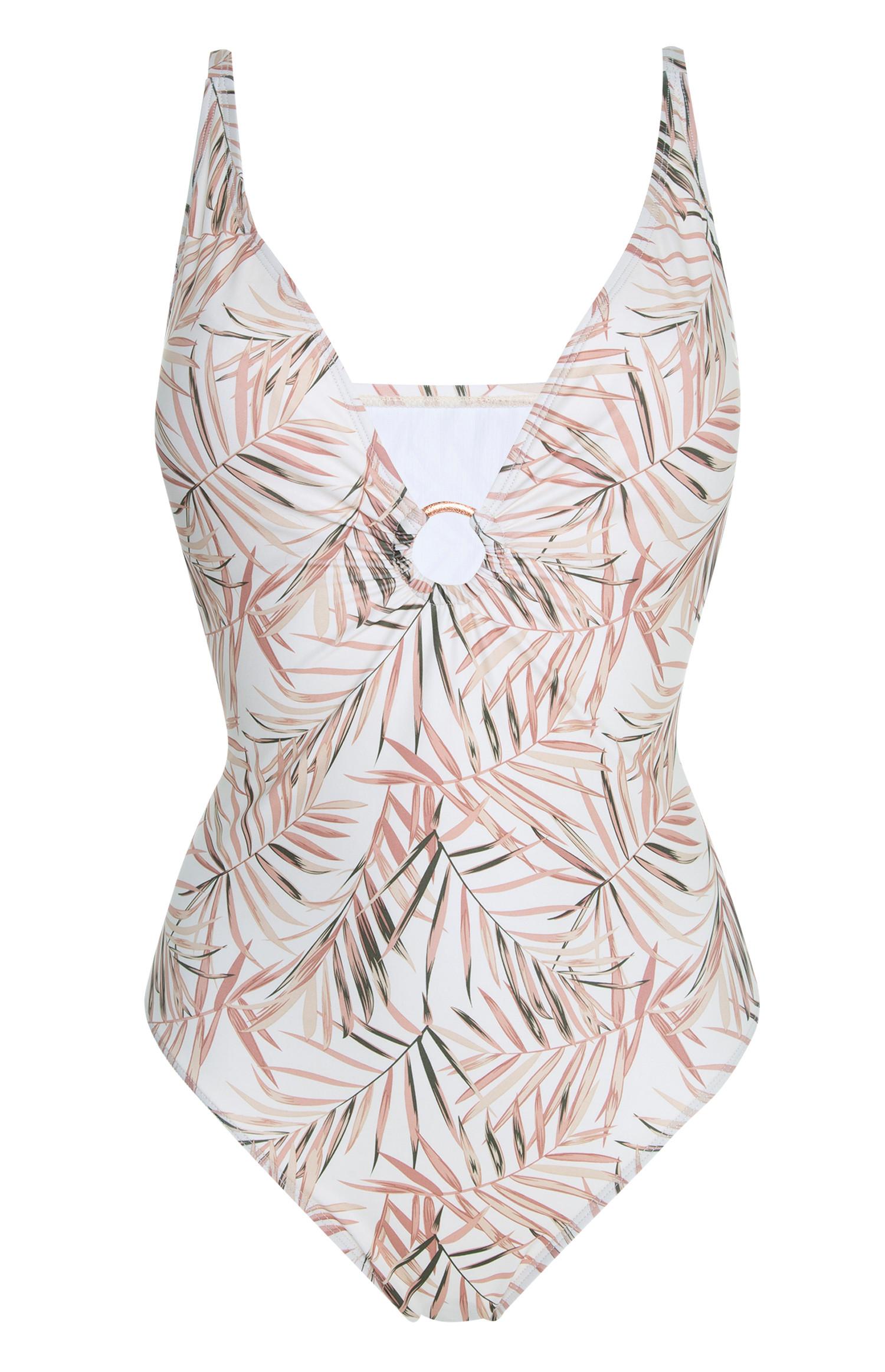 Fato banho estampado folhas anel cor-de-rosa e branco