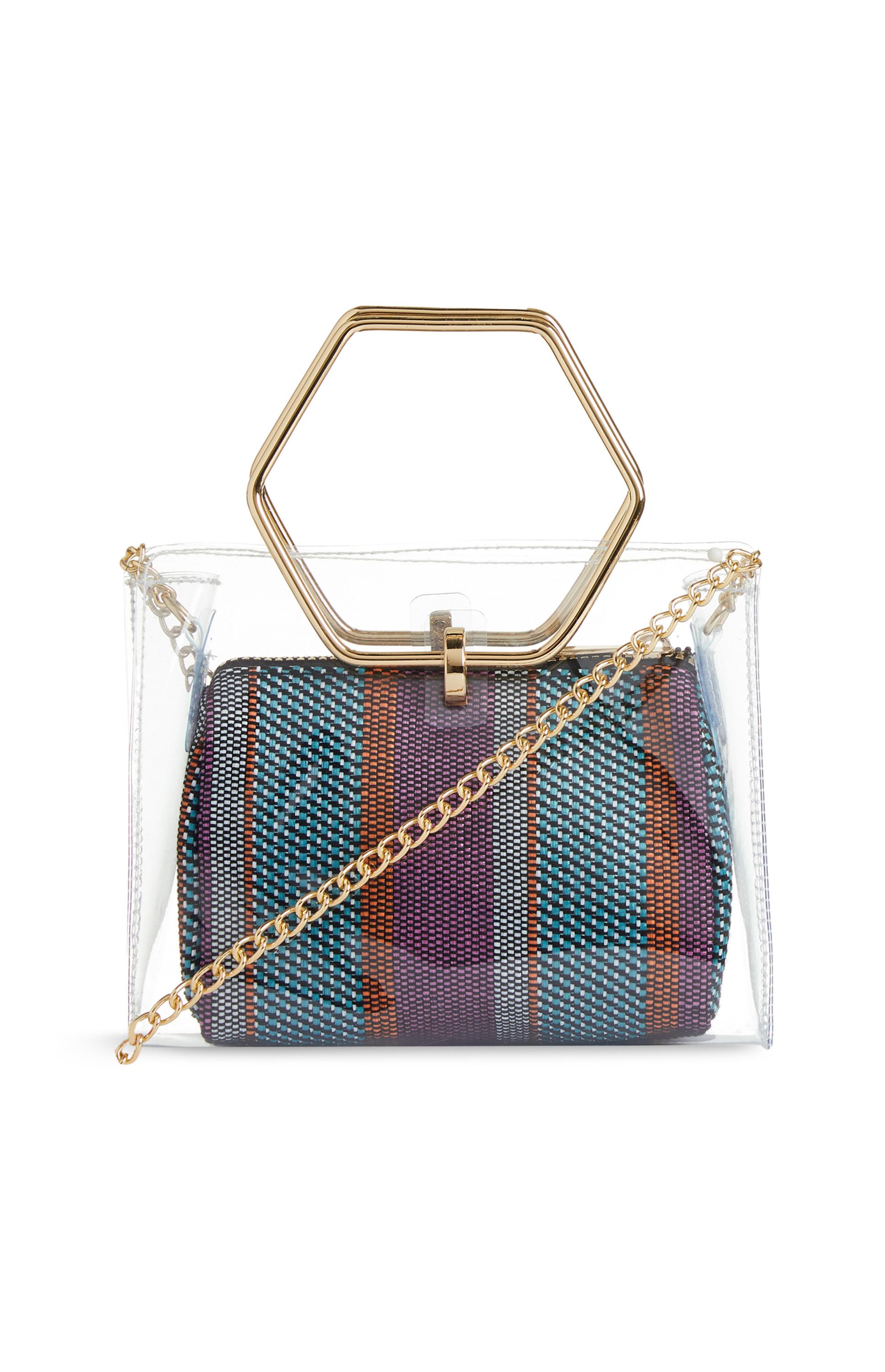 Mala clutch em bolsa transparente roxo