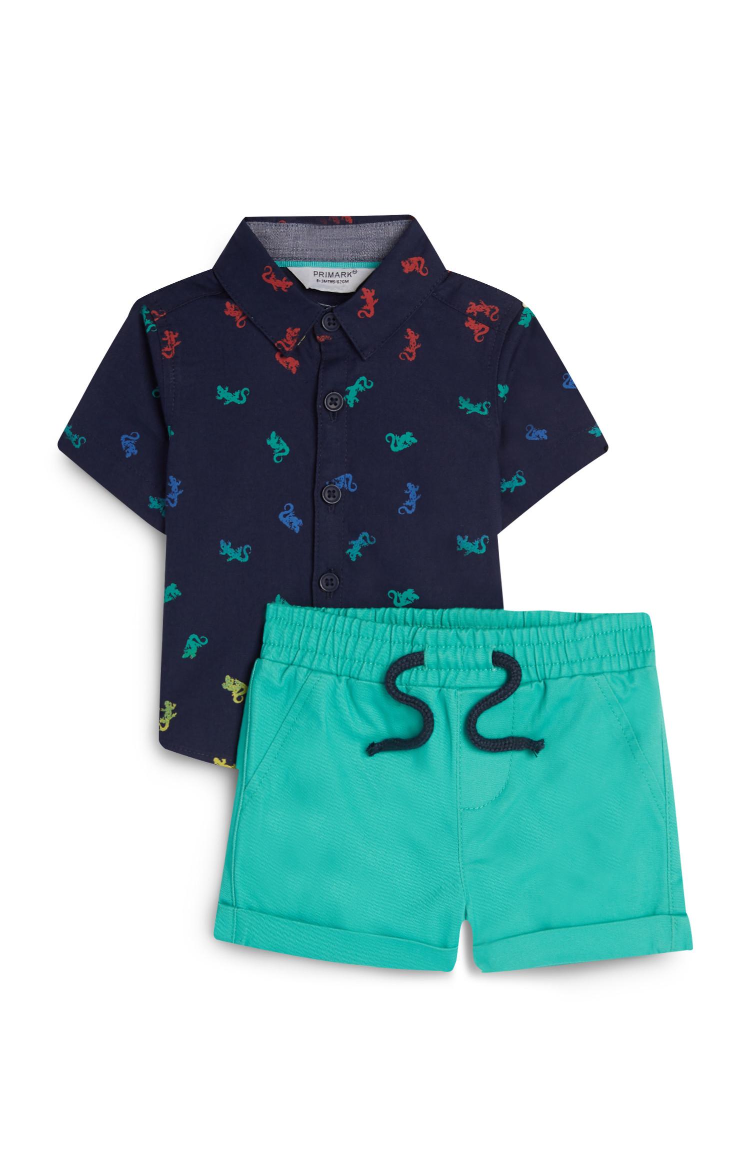 Fantovska temno modra srajca s kuščarji in turkizne kopalke za dojenčke
