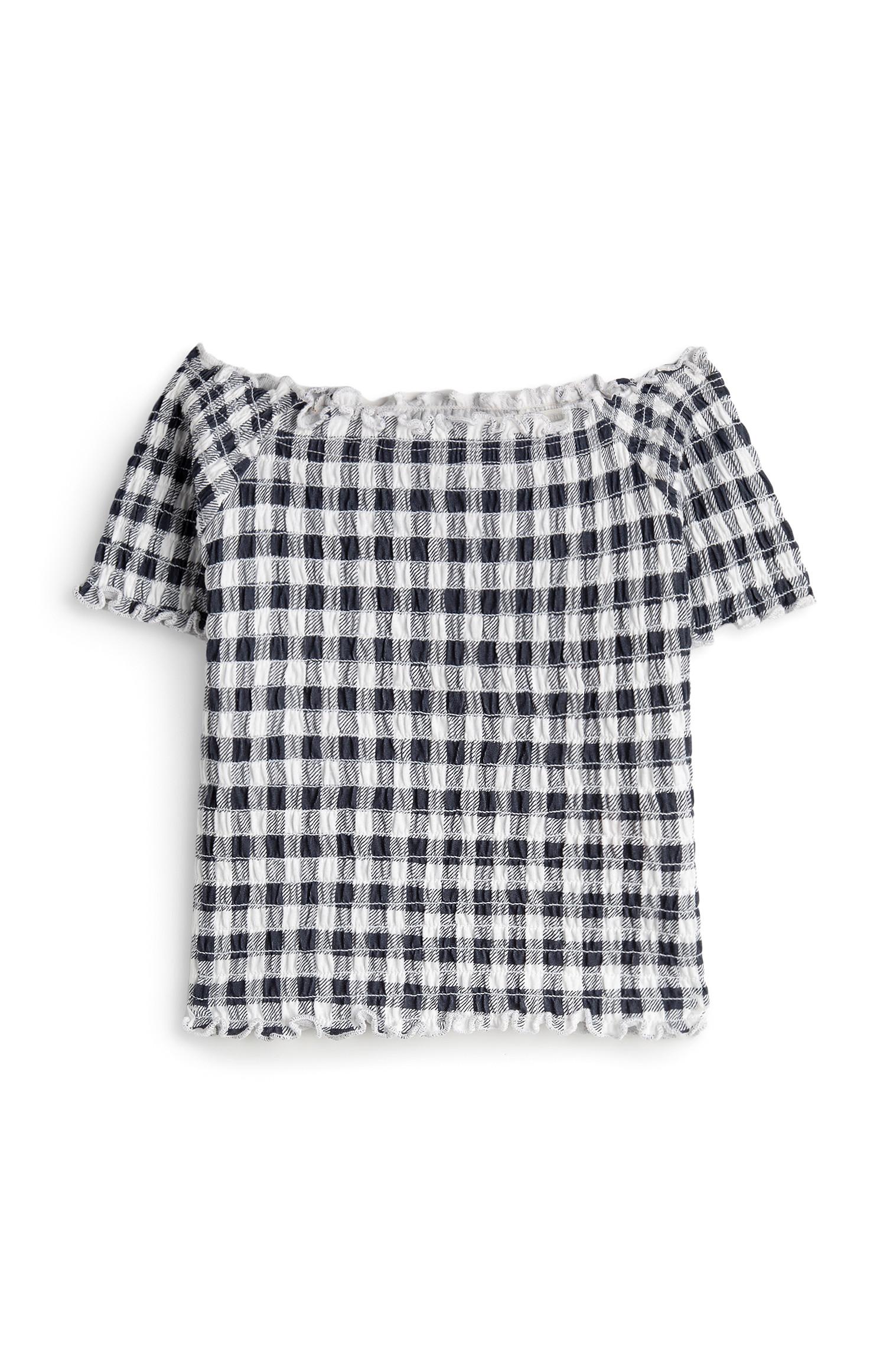 Top bianco e nero arricciato in stile Bardot da bambina