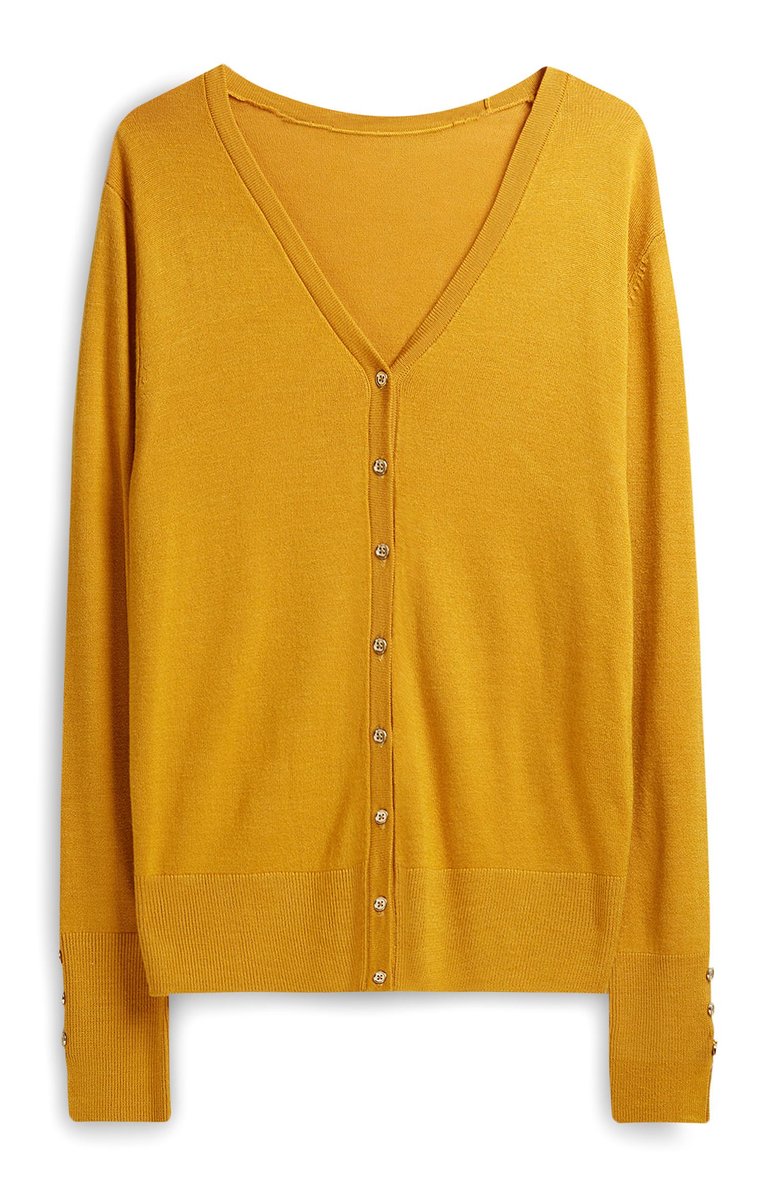 Casaco malha decote V e botões mostarda