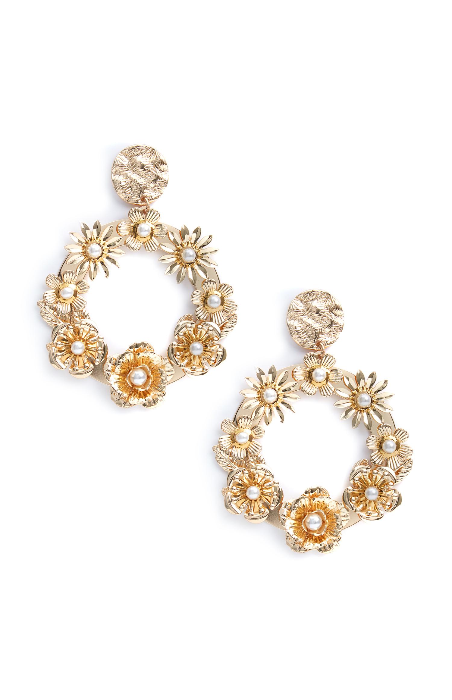 Brincos pendentes circulares flores metal