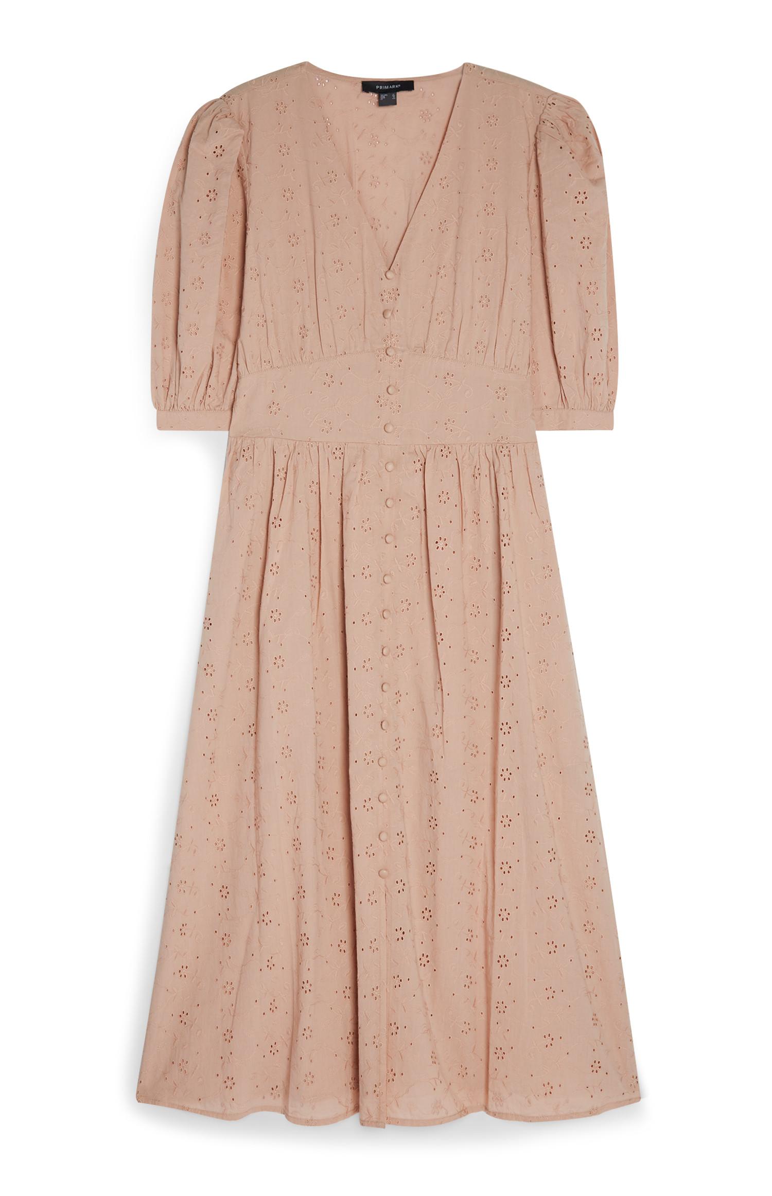 Vestido informal midi bordado botões frente cor-de-rosa