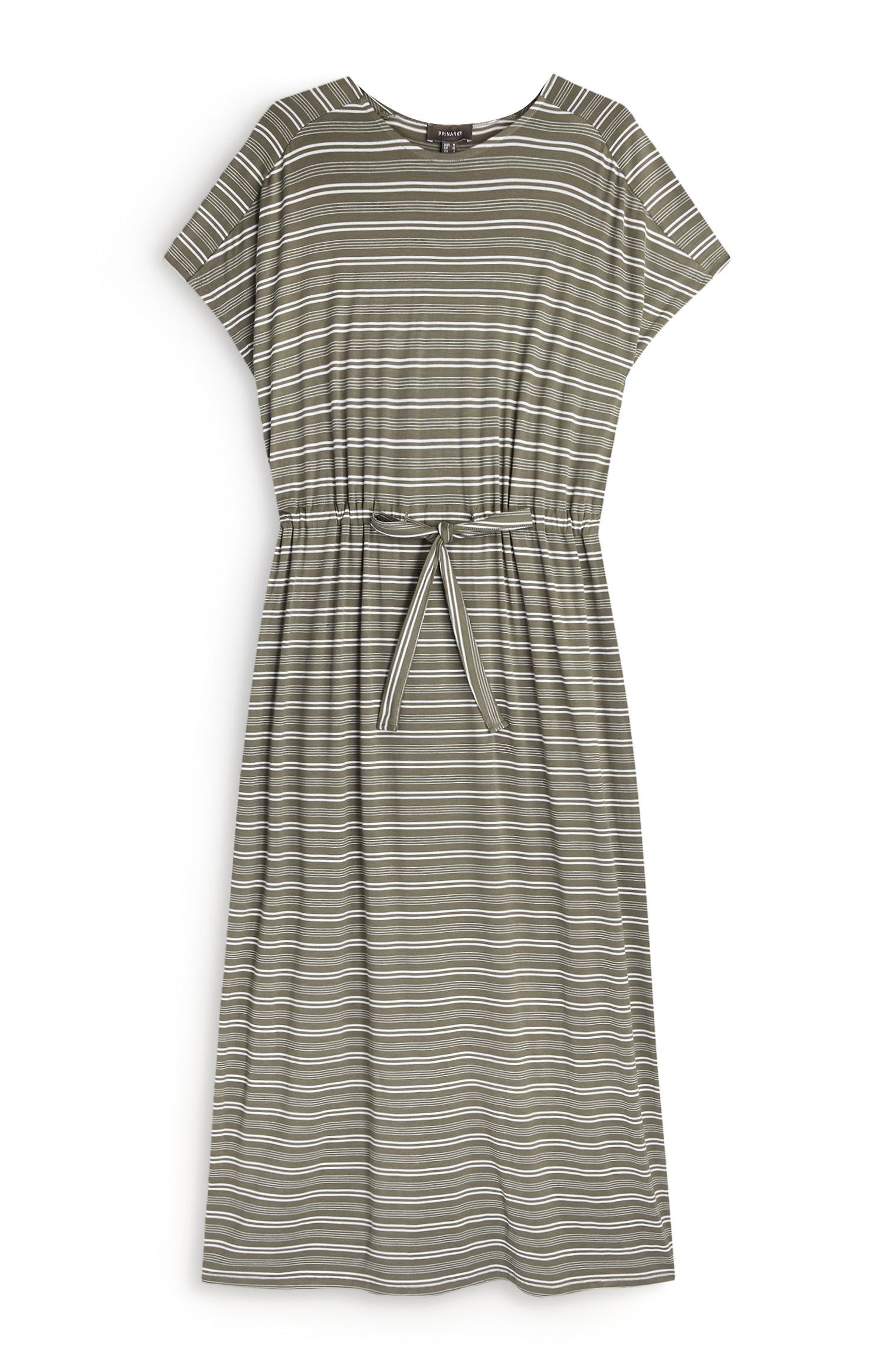 Kaki črtasta obleka iz džersija s pasom