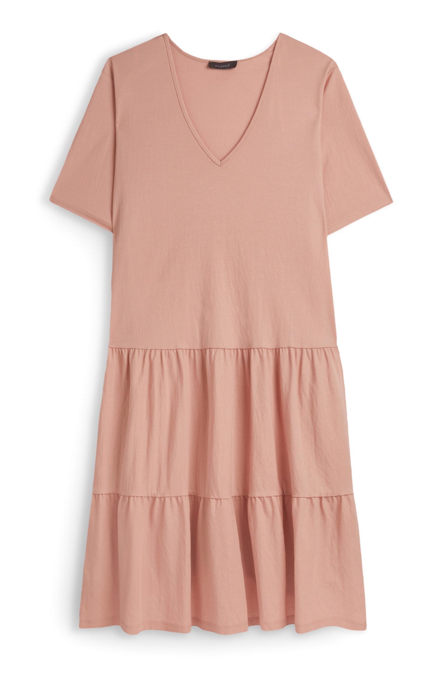 Rožnata obleka iz džersija z V-izrezom