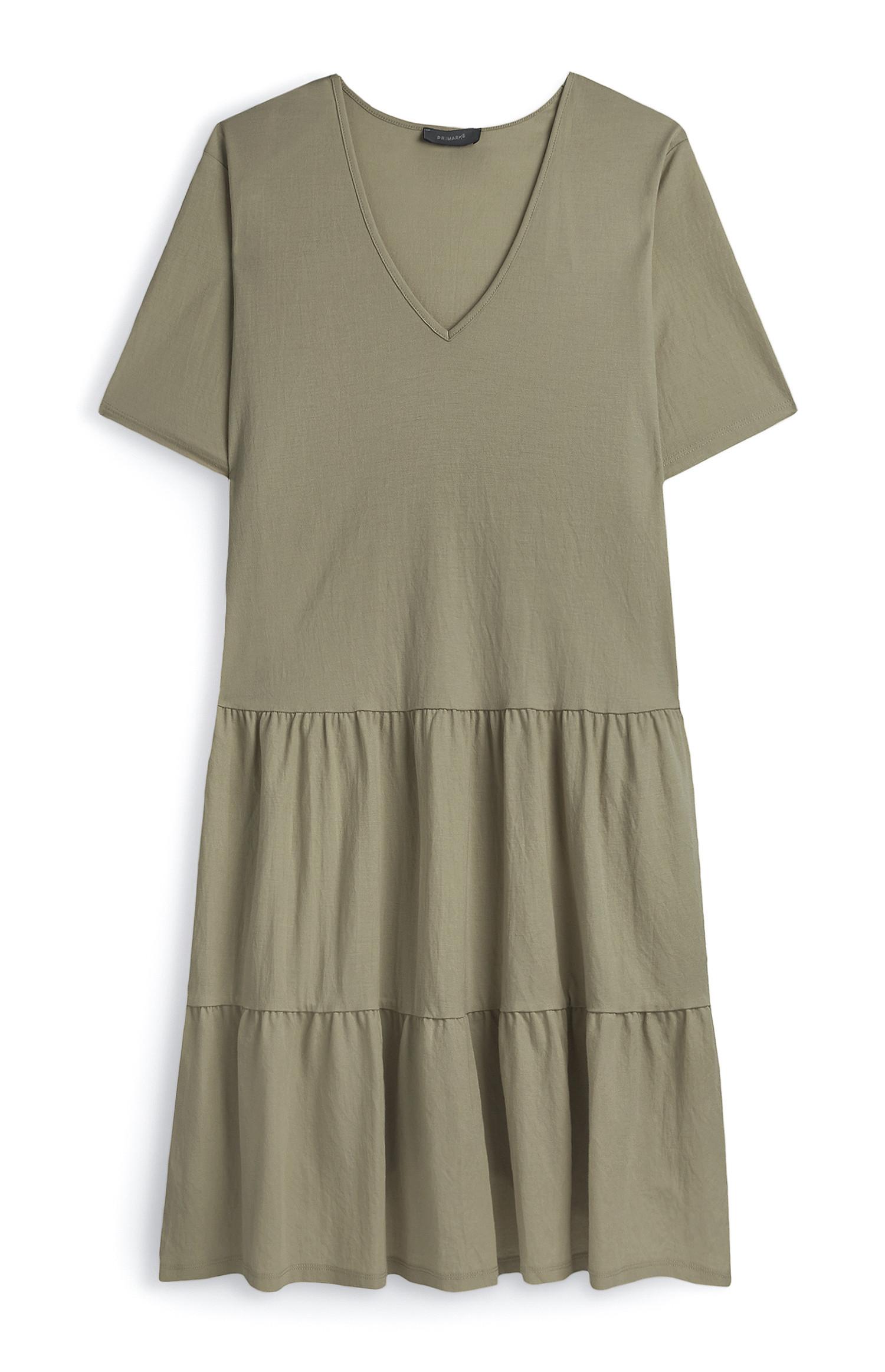 Robe en jersey kaki à col en V et superpositions