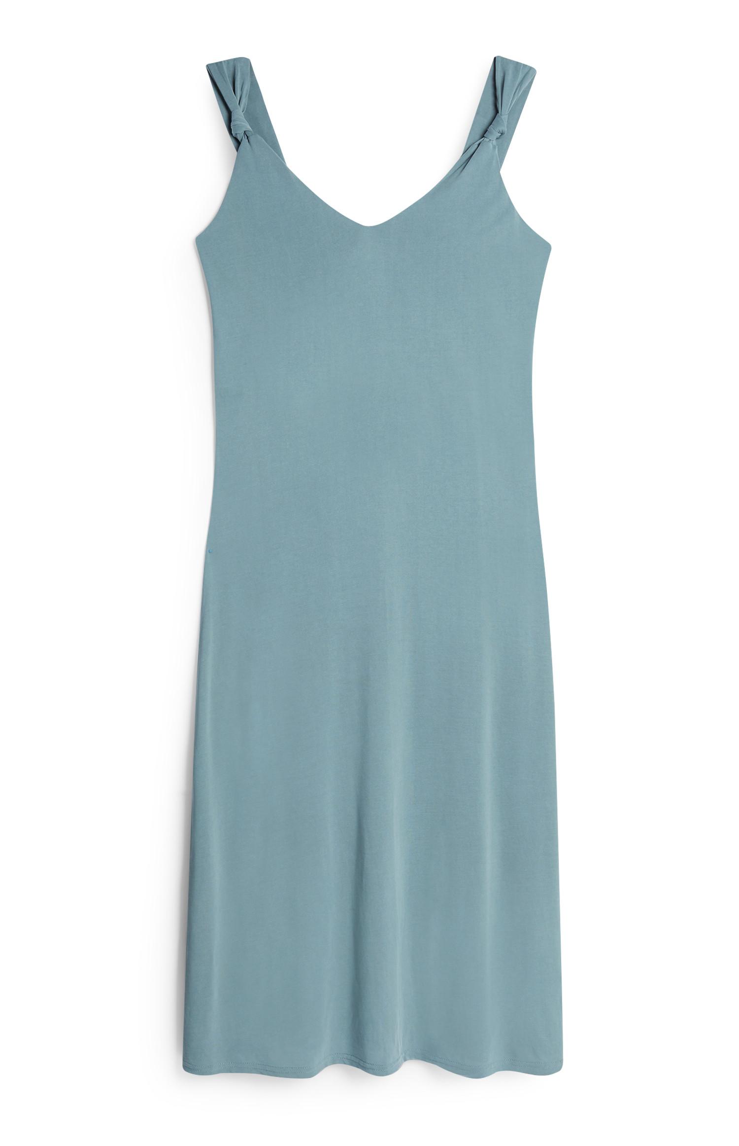 Robe mi-longue bleue à bretelles avec nœud