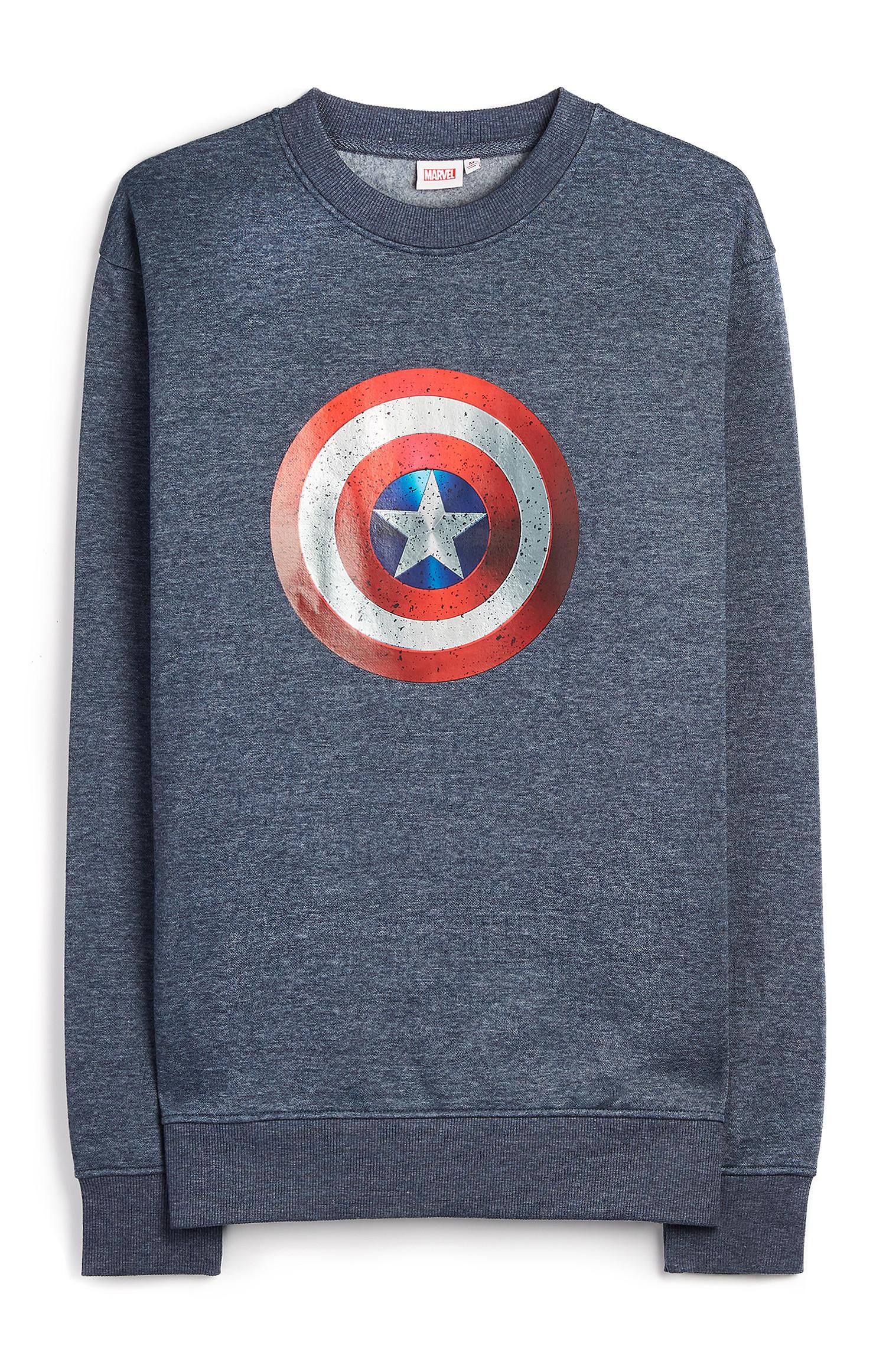 Pull bleu marine à col ras du cou et bouclier Captain America
