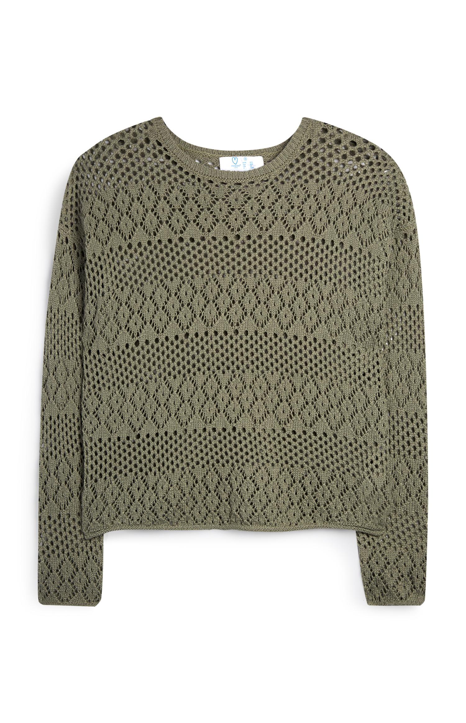 Camisola manga comprida malha pointelle caqui