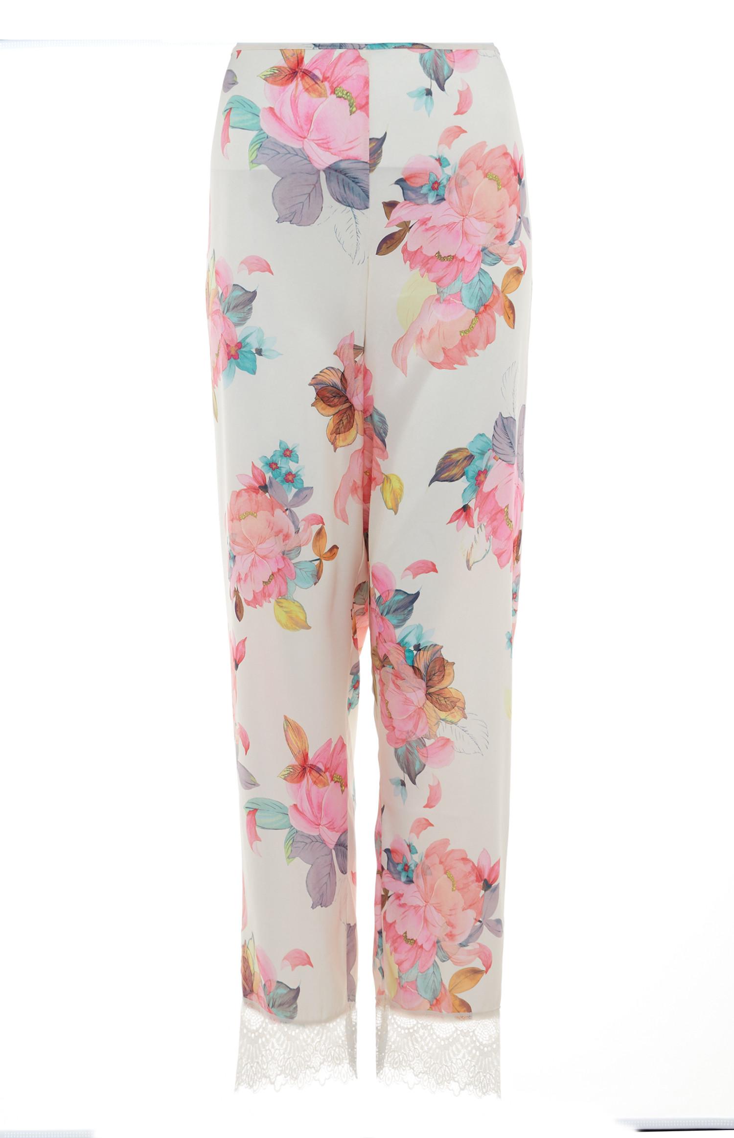 Calças bainha rendada cetim padrão floral branco