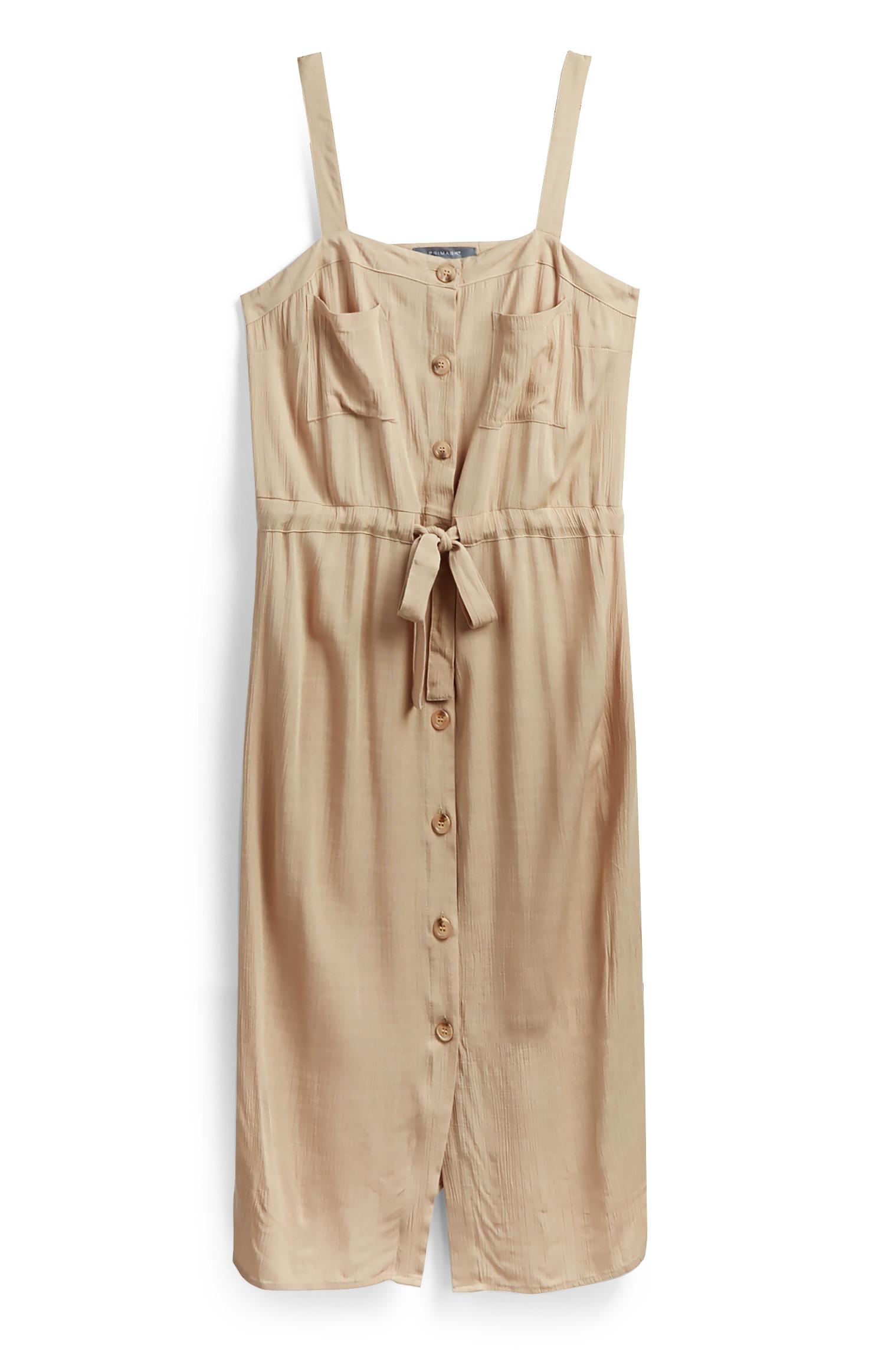 Vestido midi prático botões alças finas cru