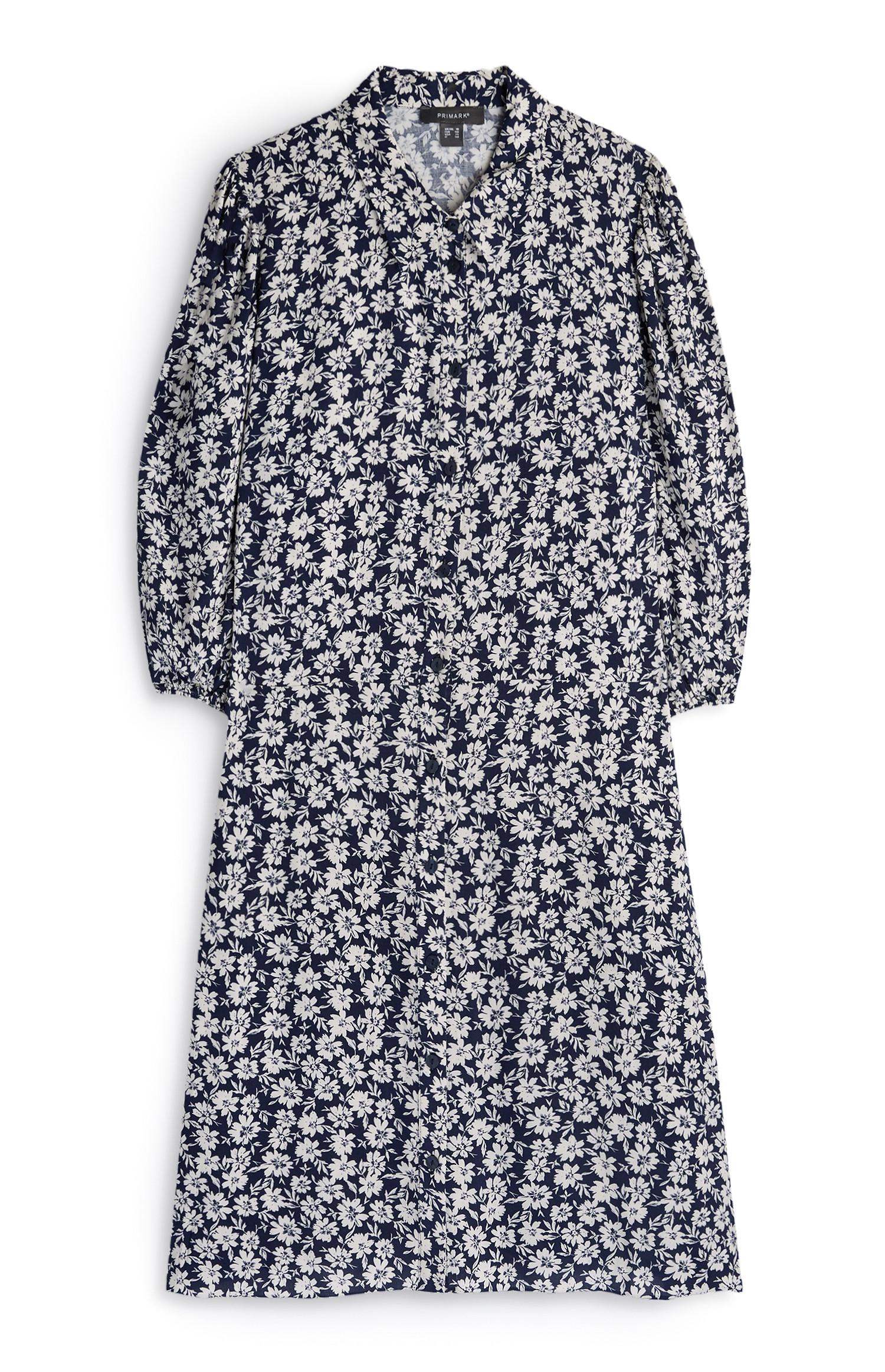 Vestido manga comprida padrão floral azul-marinho