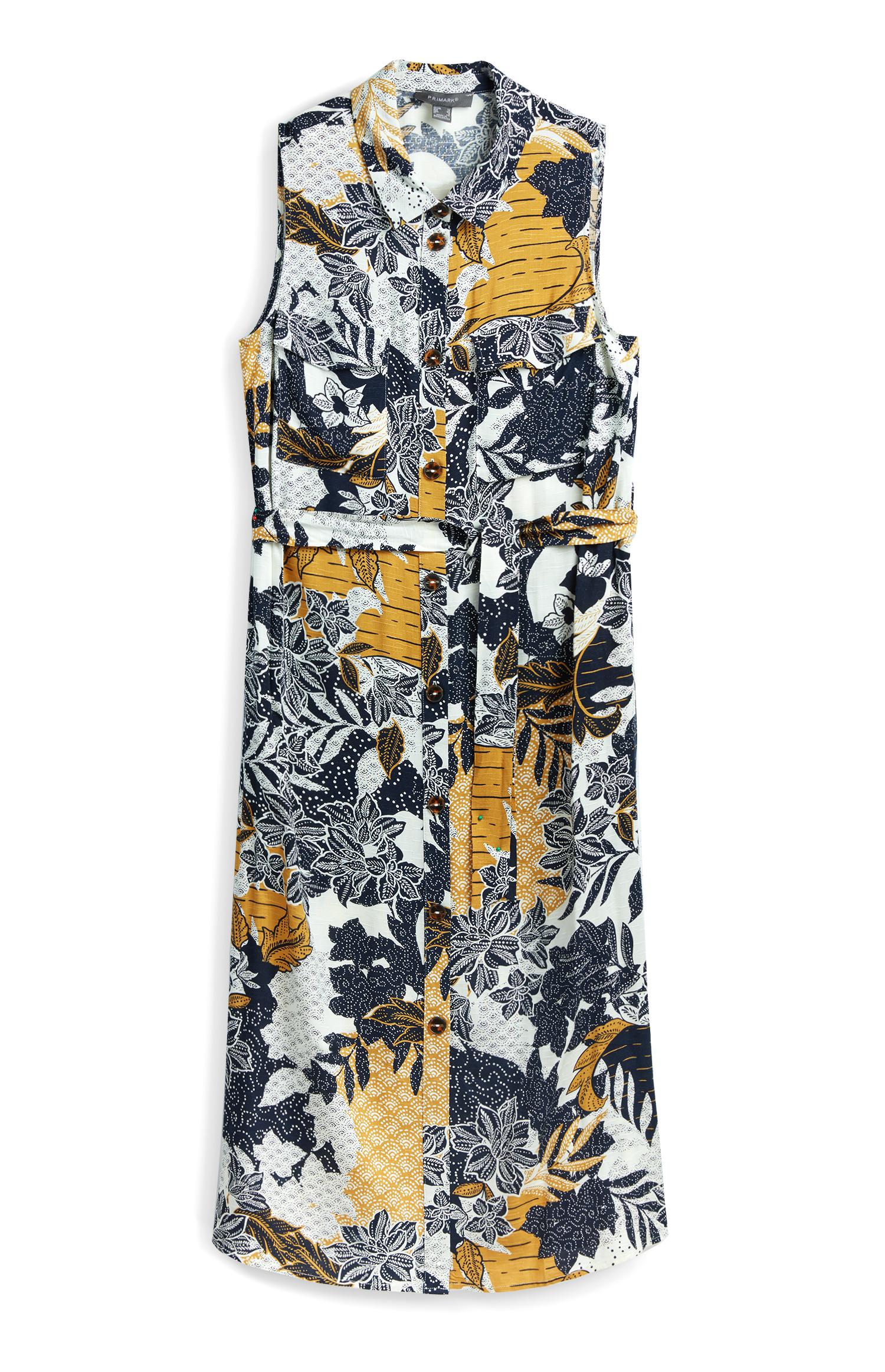 Srednje dolga srajčna obleka brez rokavov s potiskom