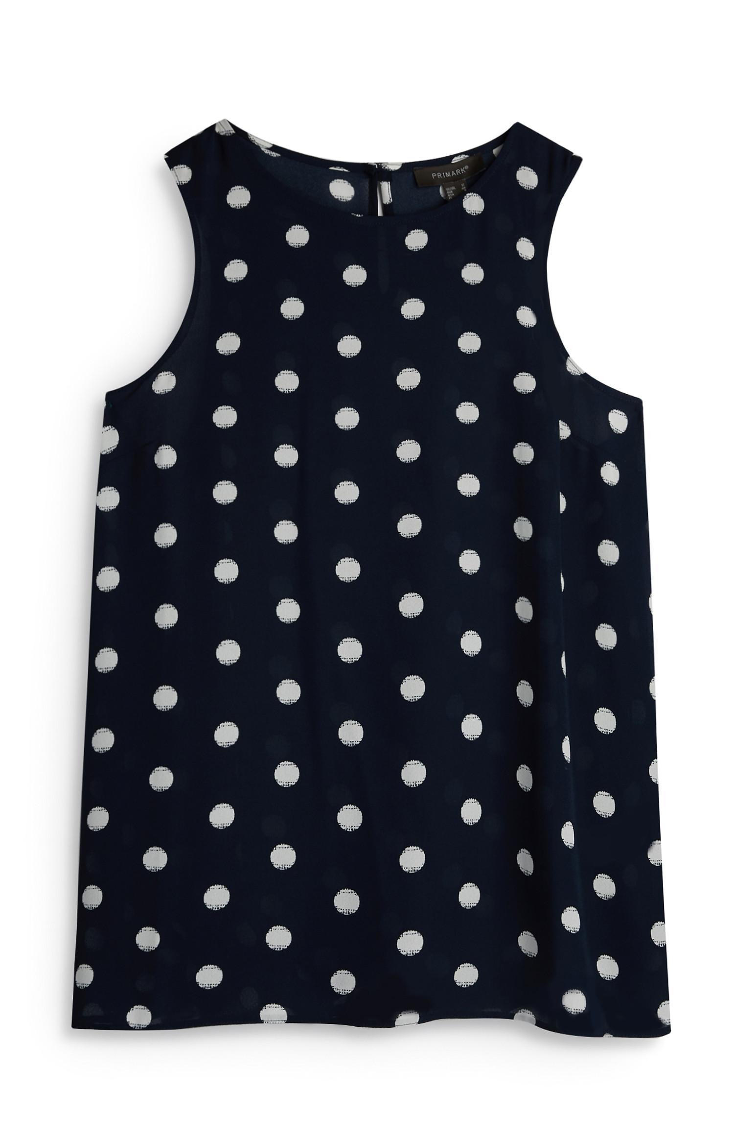 Blusa s/mangas bolinhas azul-marinho